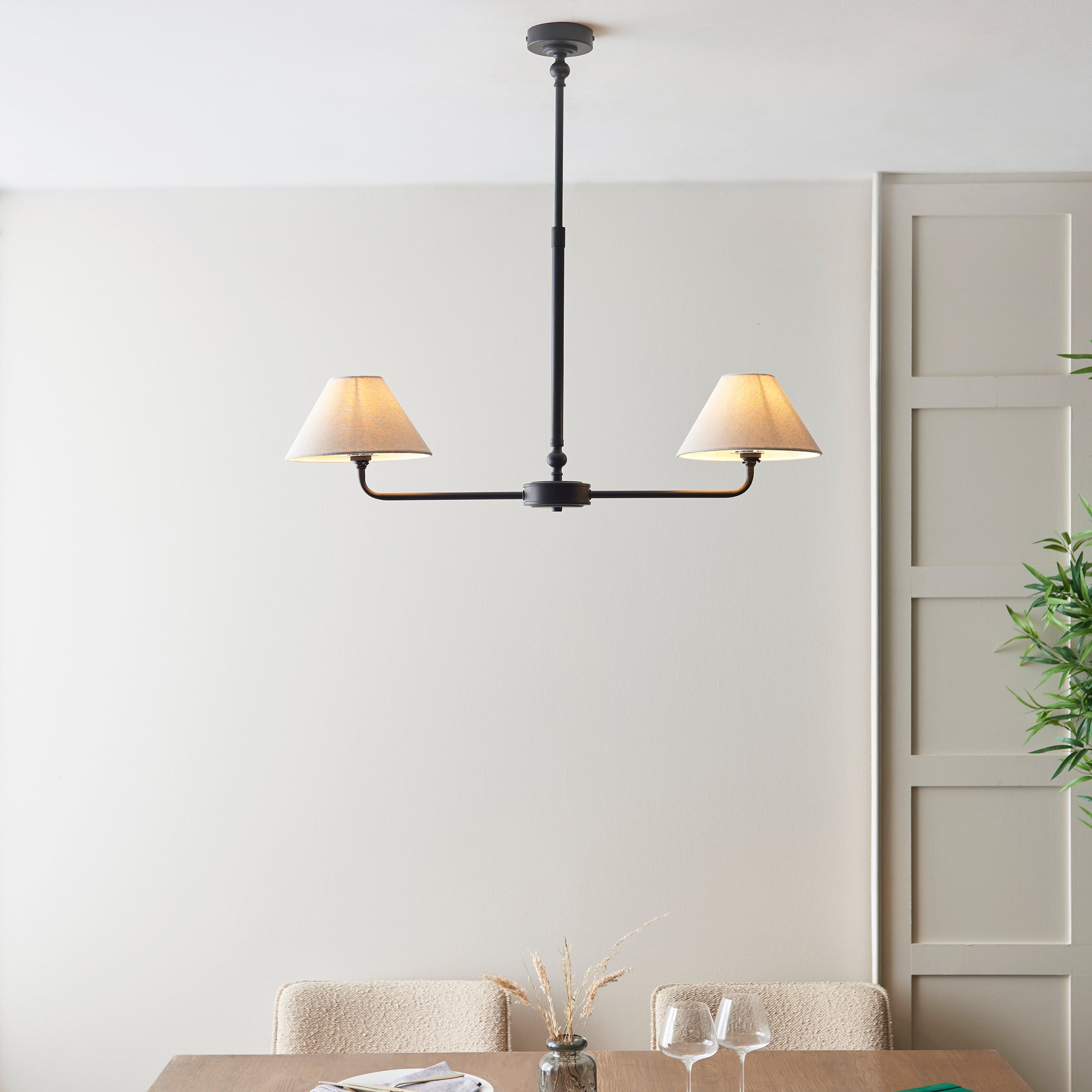 Lille Black 2 Light Pendant - Linen Shade