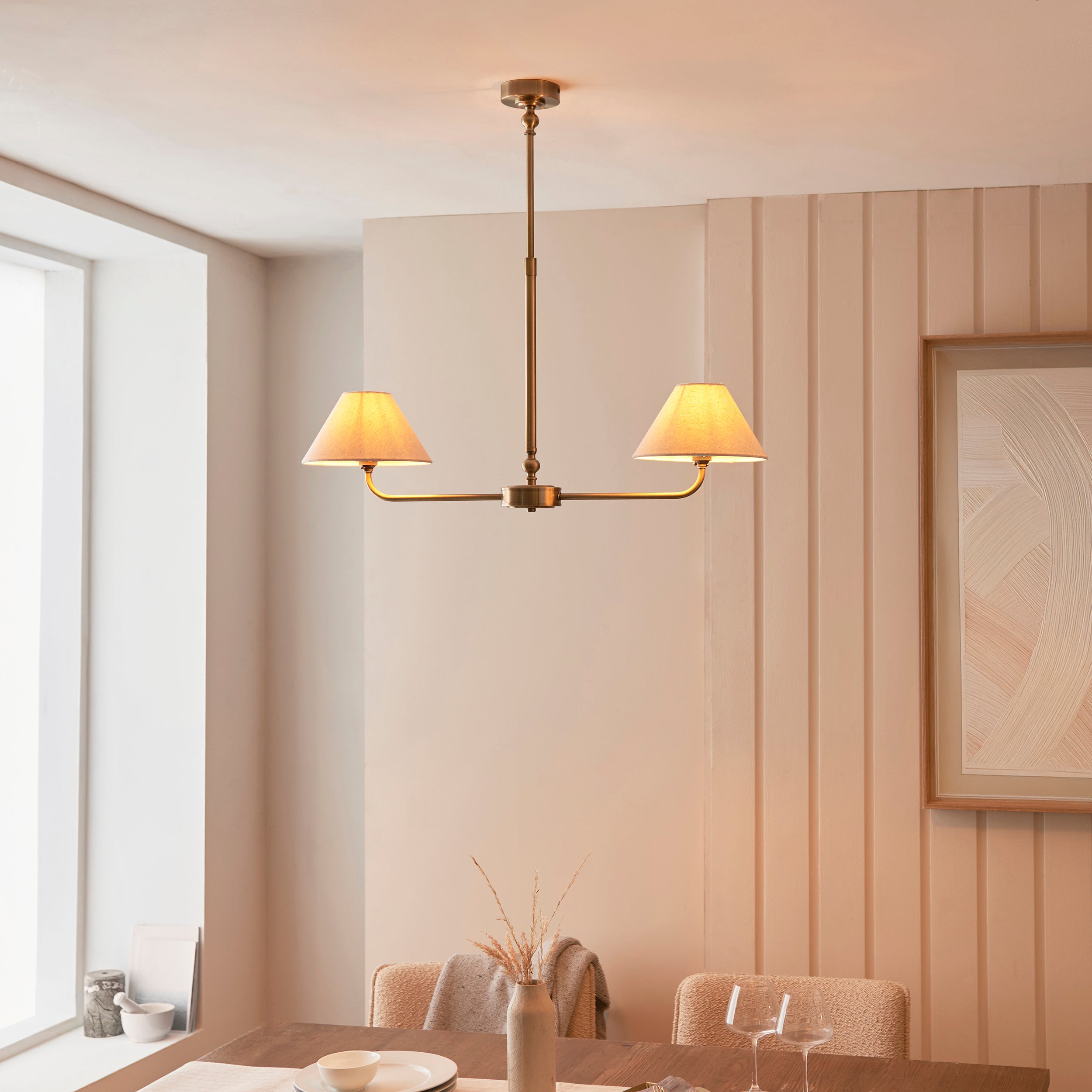 Lille Brass 2 Light Pendant - Linen Shade