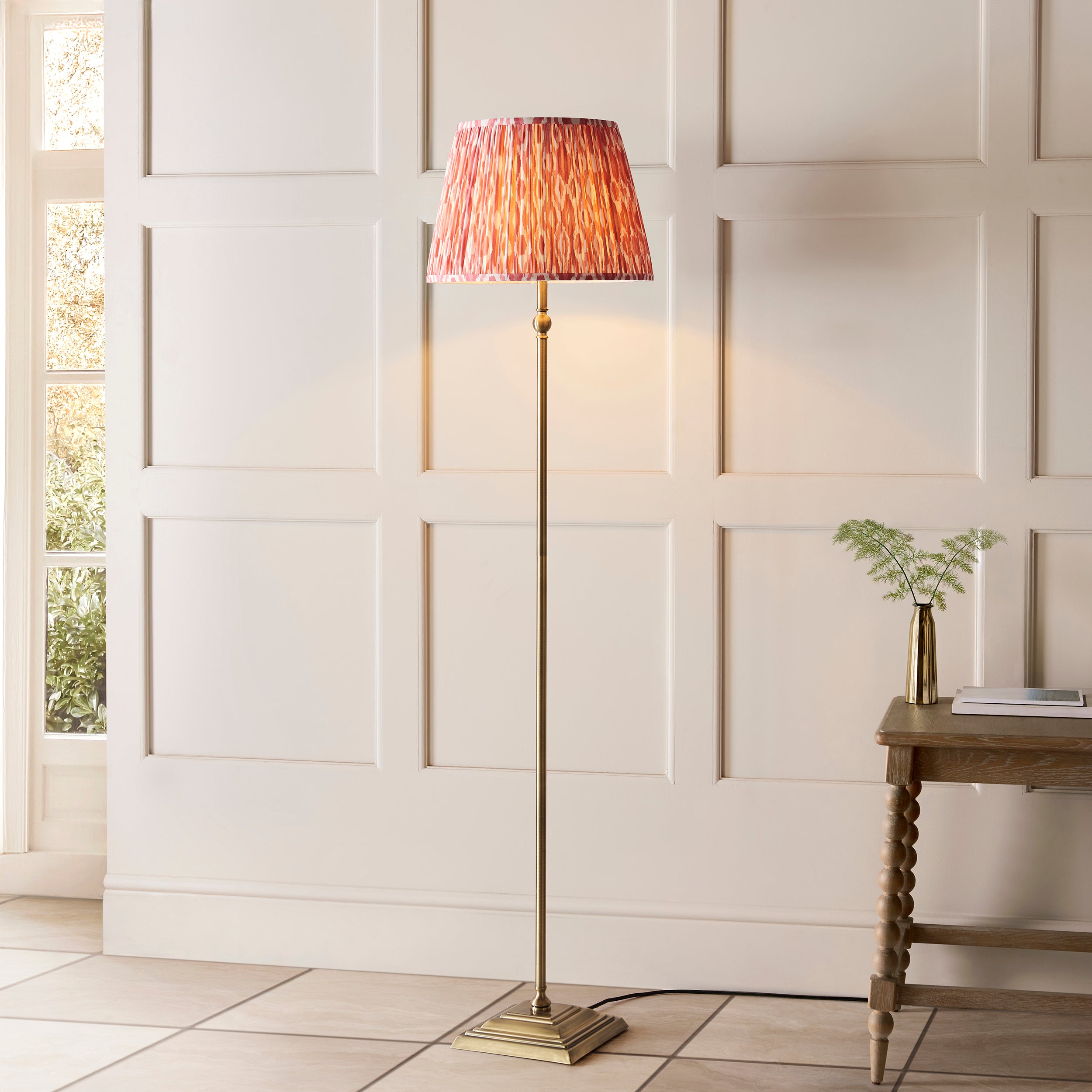 Lille Brass Floor Lamp & Coral Pink Ikat 40cm Shade