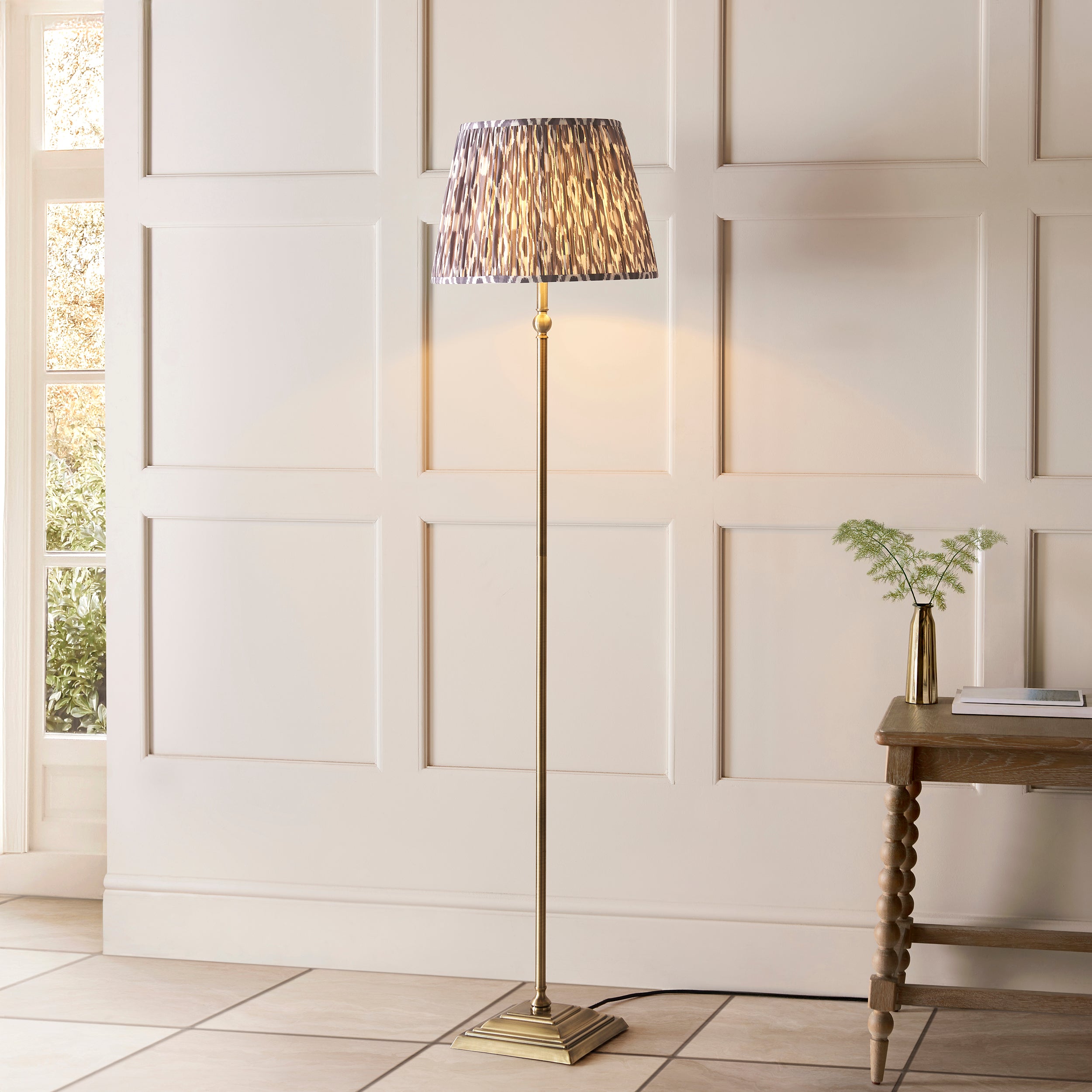 Lille Brass Floor Lamp & Grey Ikat 40cm Shade