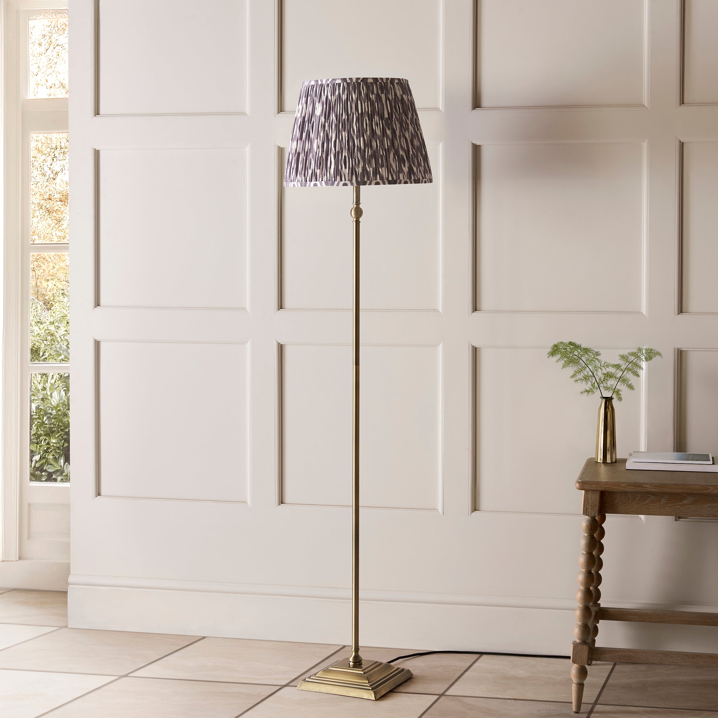 Lille Brass Floor Lamp & Grey Ikat 40cm Shade