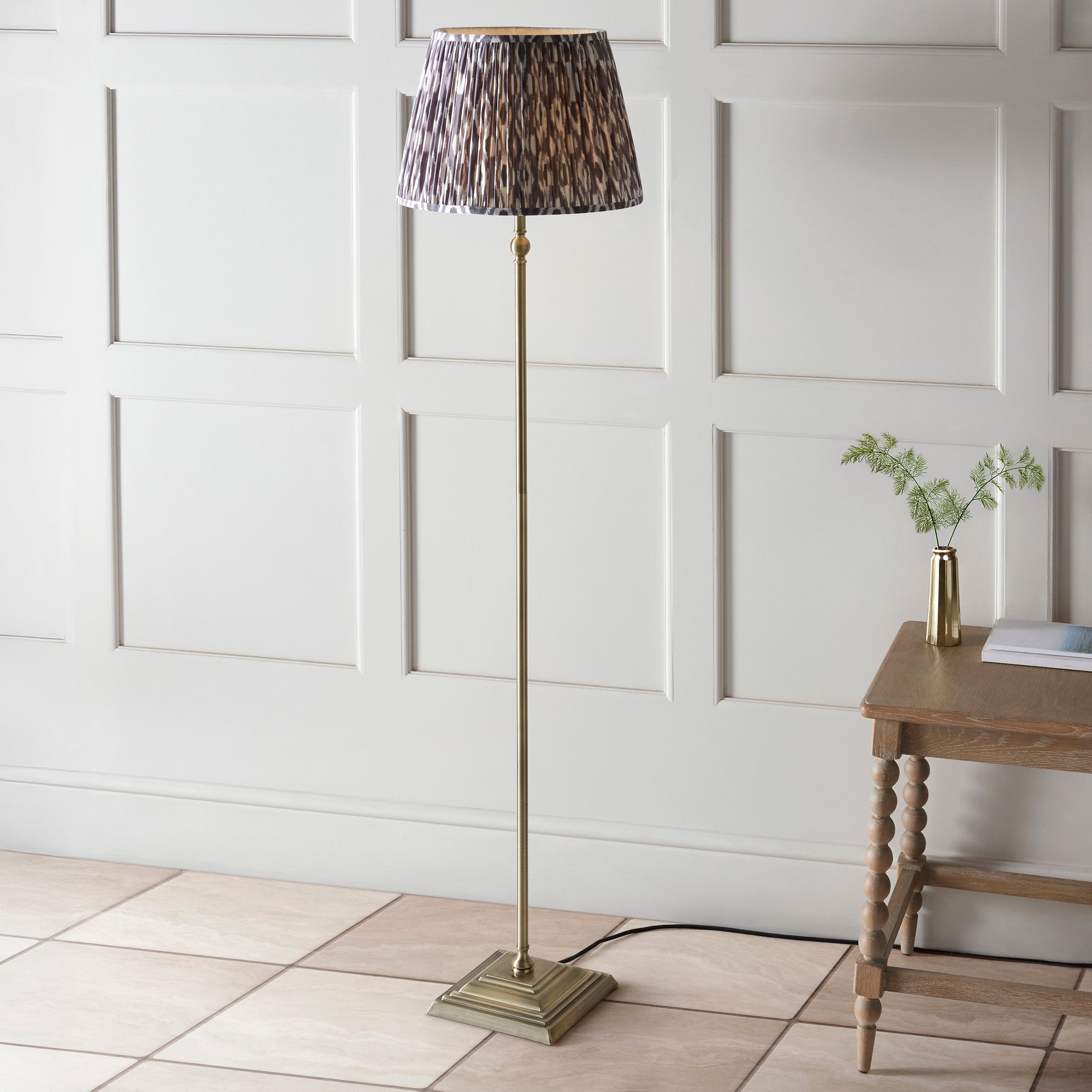 Lille Brass Floor Lamp & Grey Ikat 40cm Shade