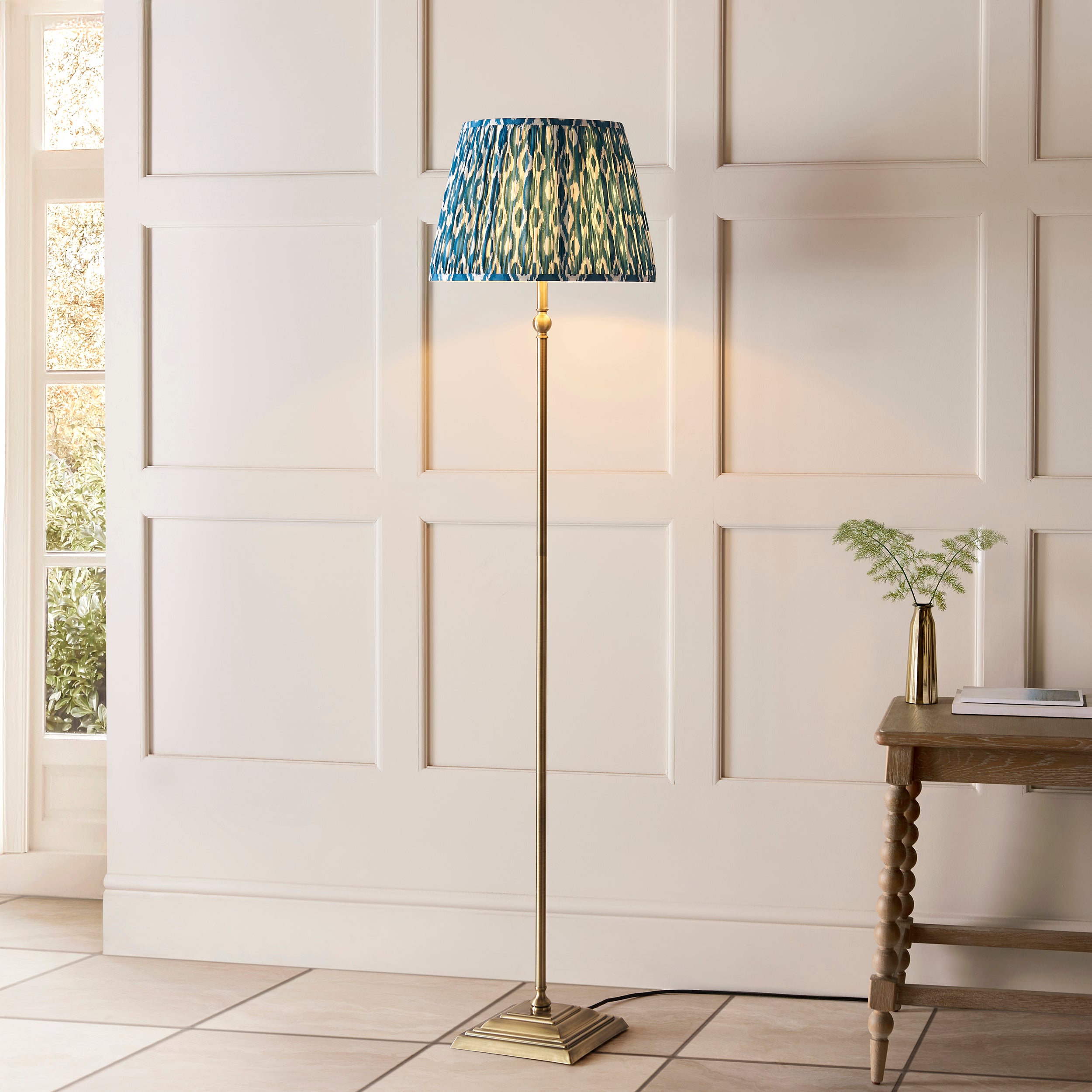 Lille Brass Floor Lamp & Blue Ikat 40cm Shade