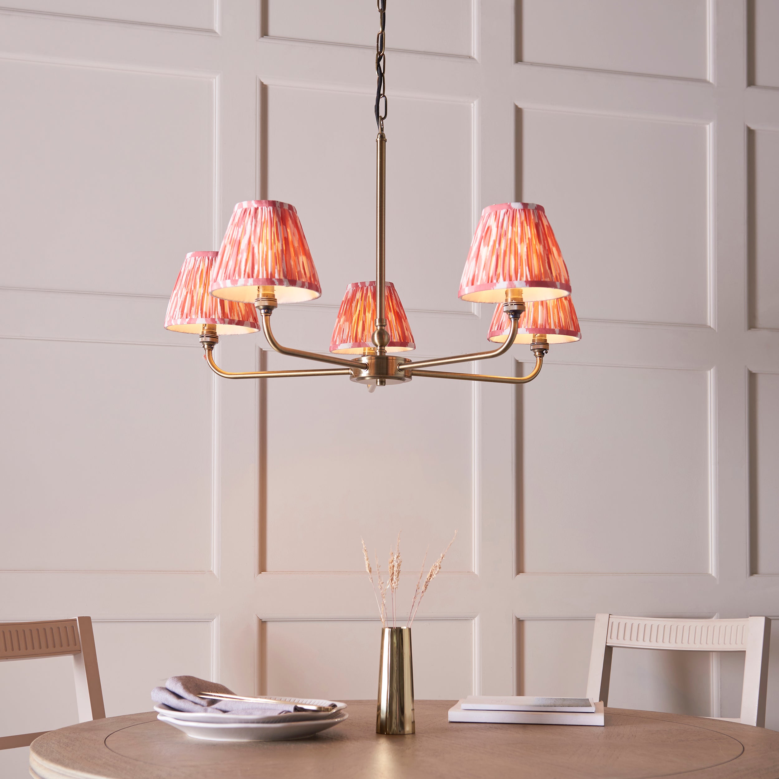 Lille Brass 5 Light Pendant & Coral Pink Ikat 16cm Shades
