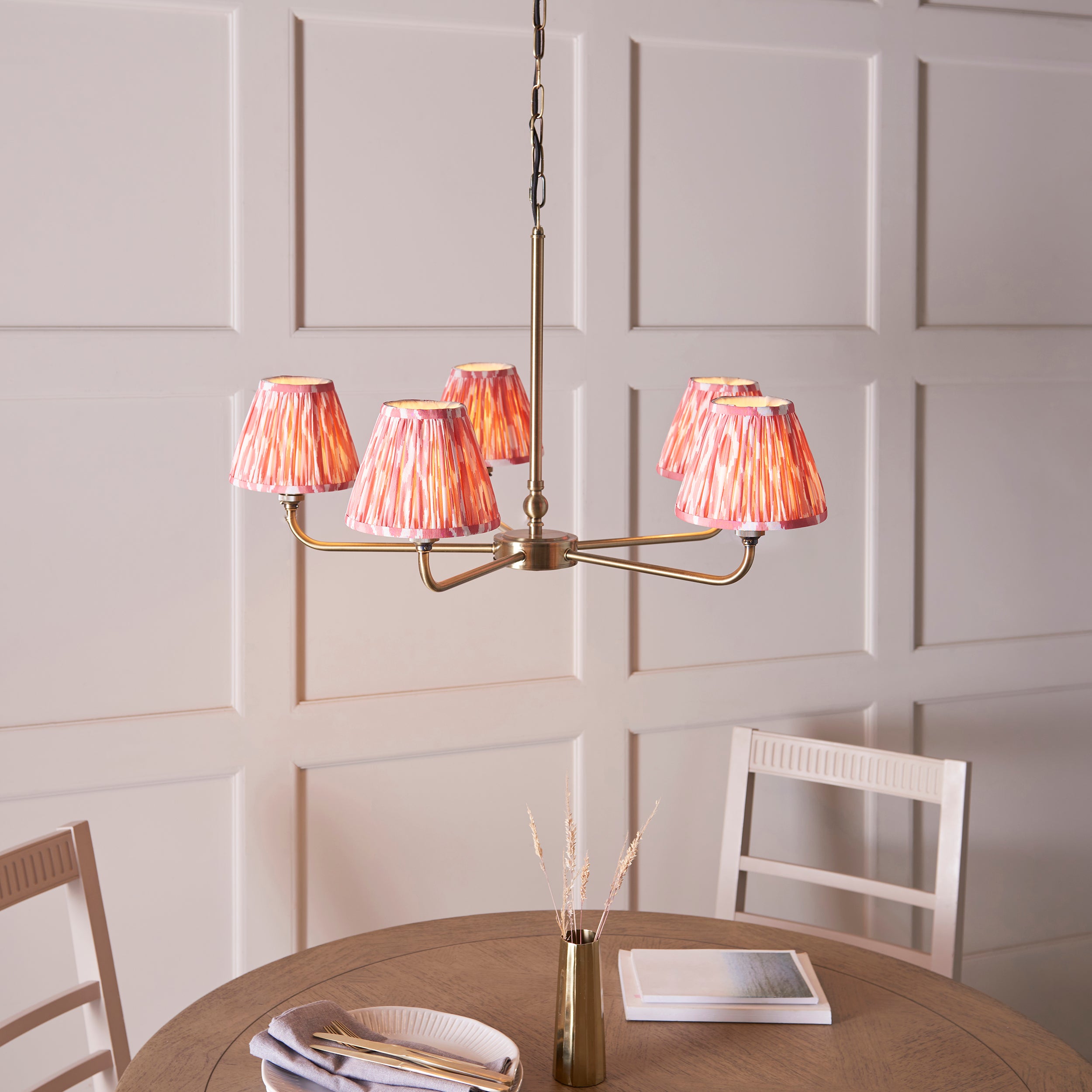 Lille Brass 5 Light Pendant & Coral Pink Ikat 16cm Shades