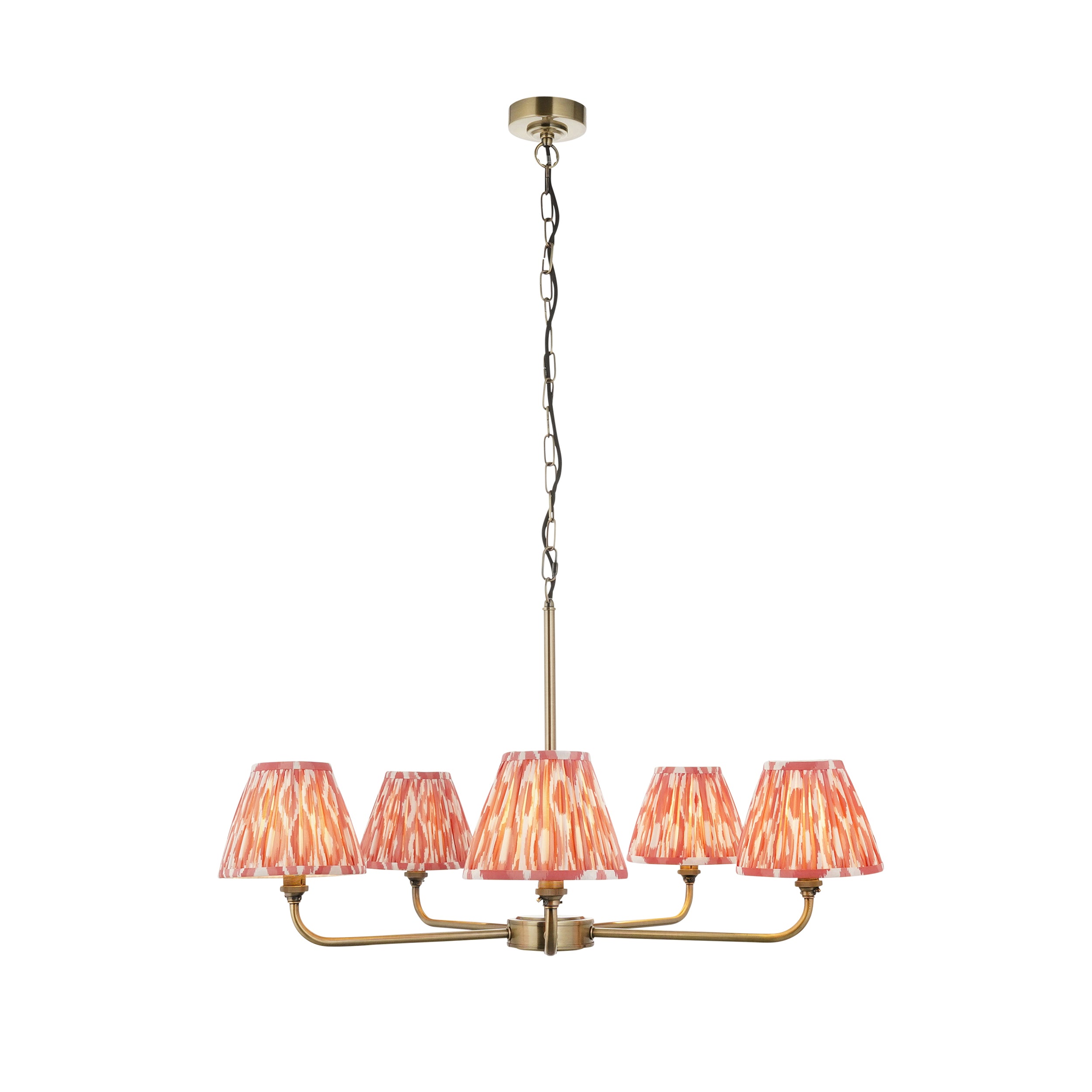 Lille Brass 5 Light Pendant & Coral Pink Ikat 16cm Shades