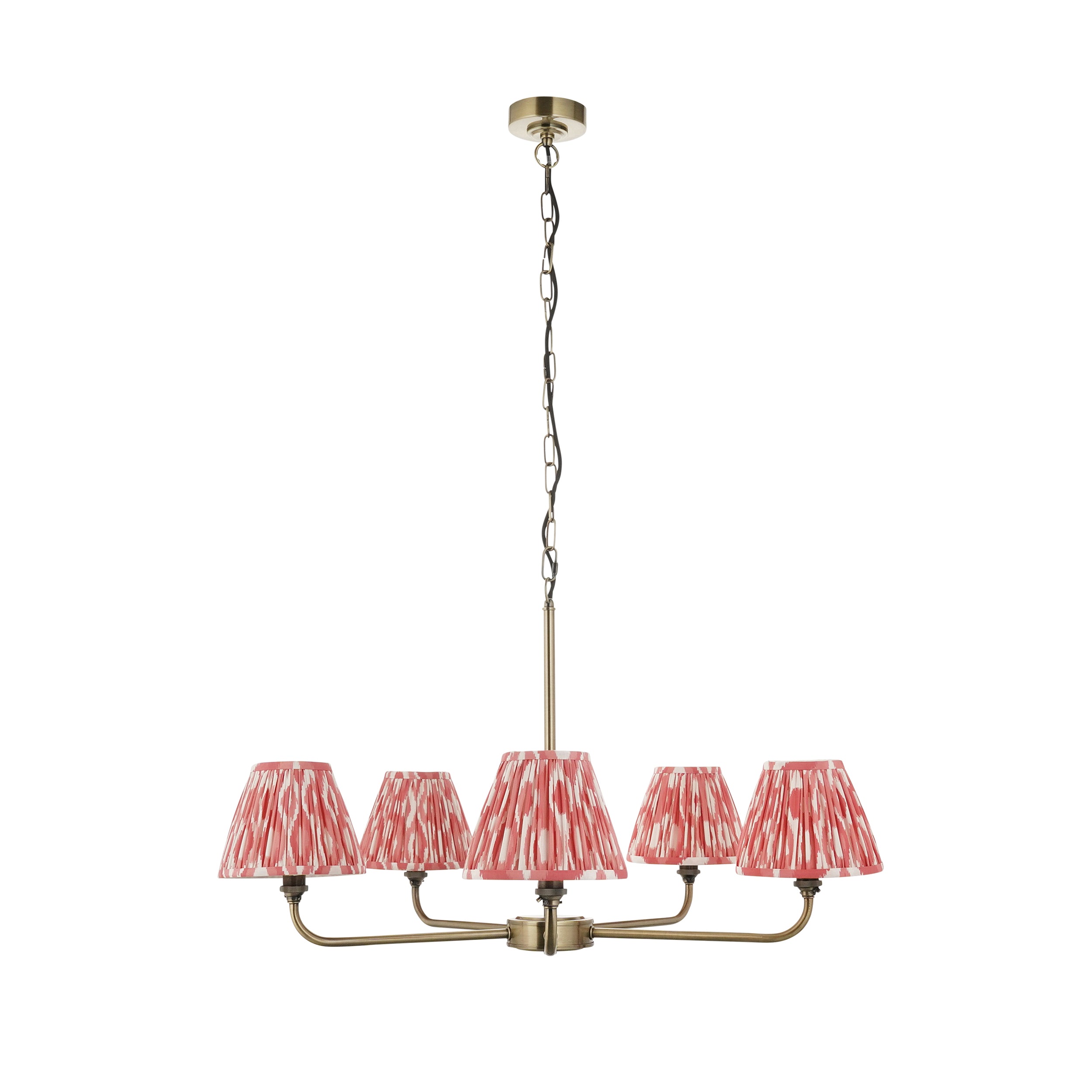 Lille Brass 5 Light Pendant & Coral Pink Ikat 16cm Shades