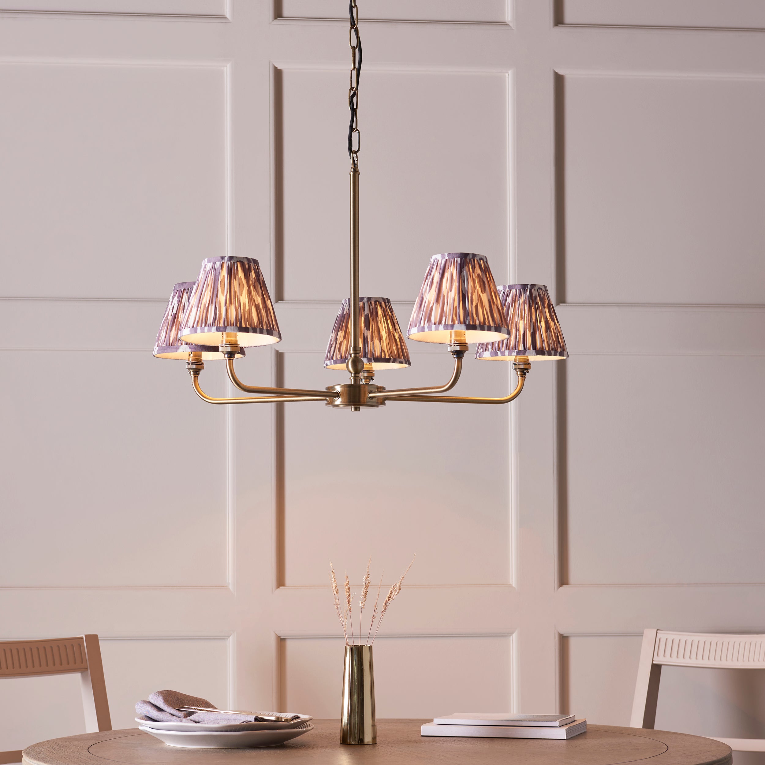 Lille Brass 5 Light Pendant & Grey Ikat 16cm Shades