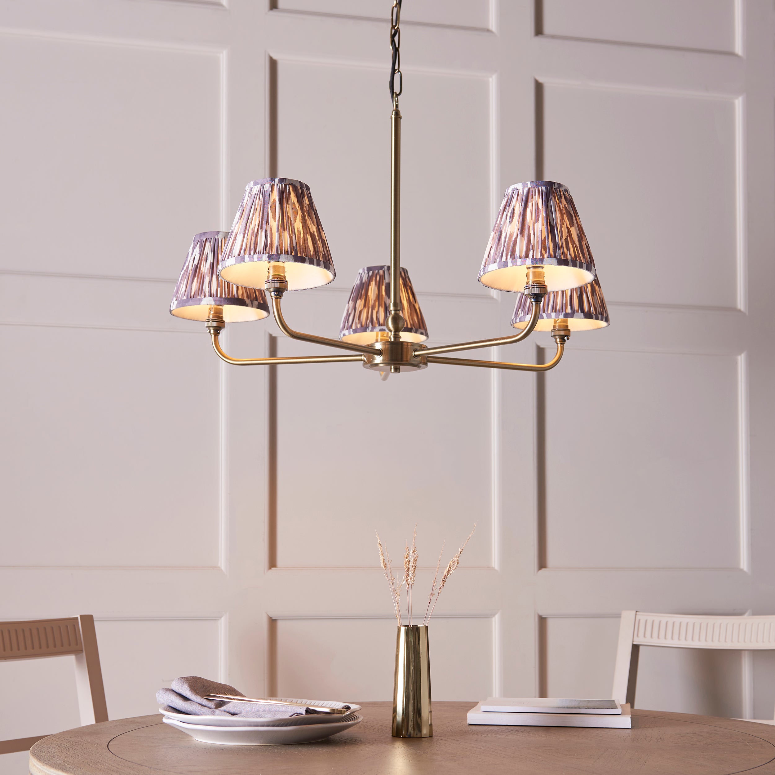 Lille Brass 5 Light Pendant & Grey Ikat 16cm Shades