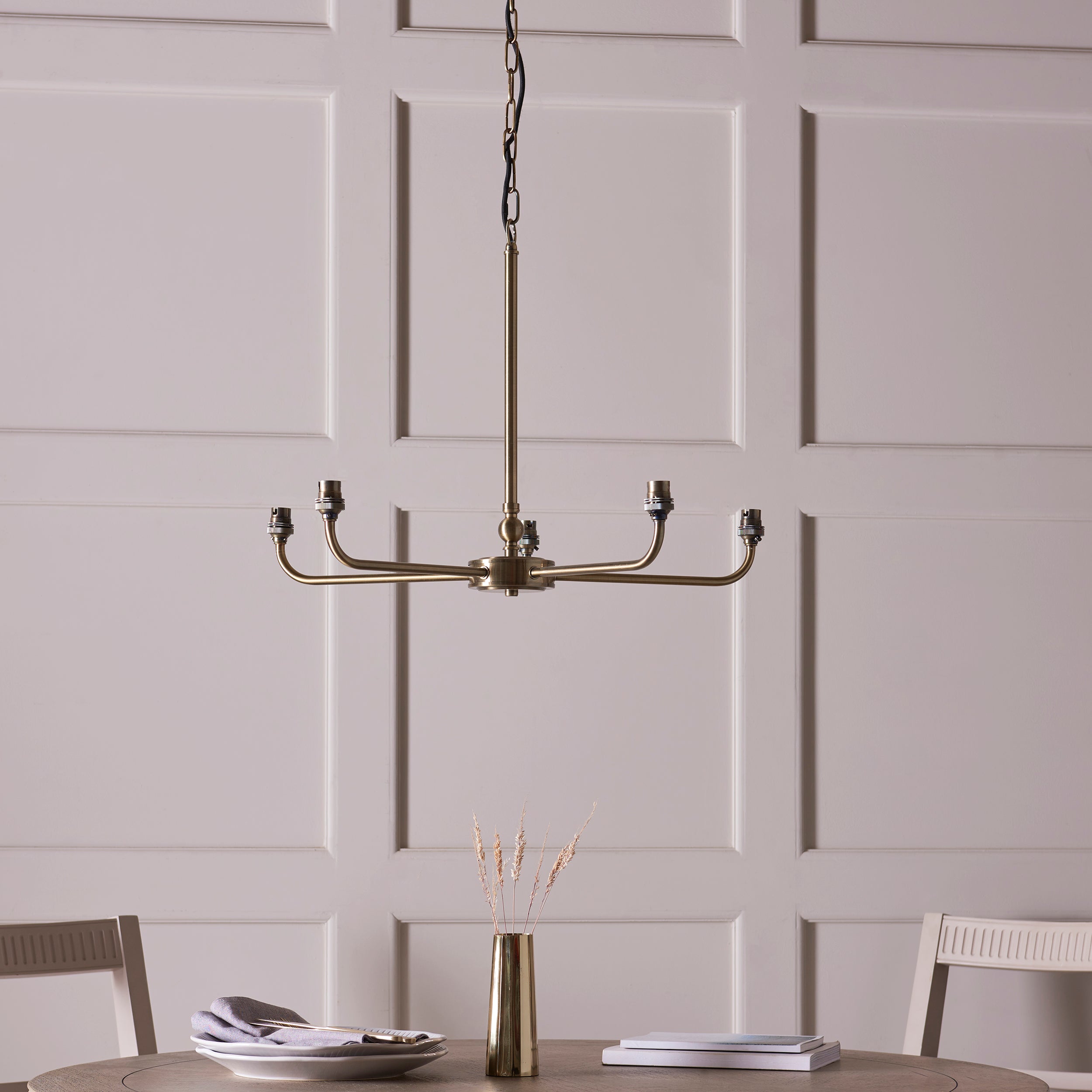 Lille Brass 5 Light Pendant & Grey Ikat 16cm Shades