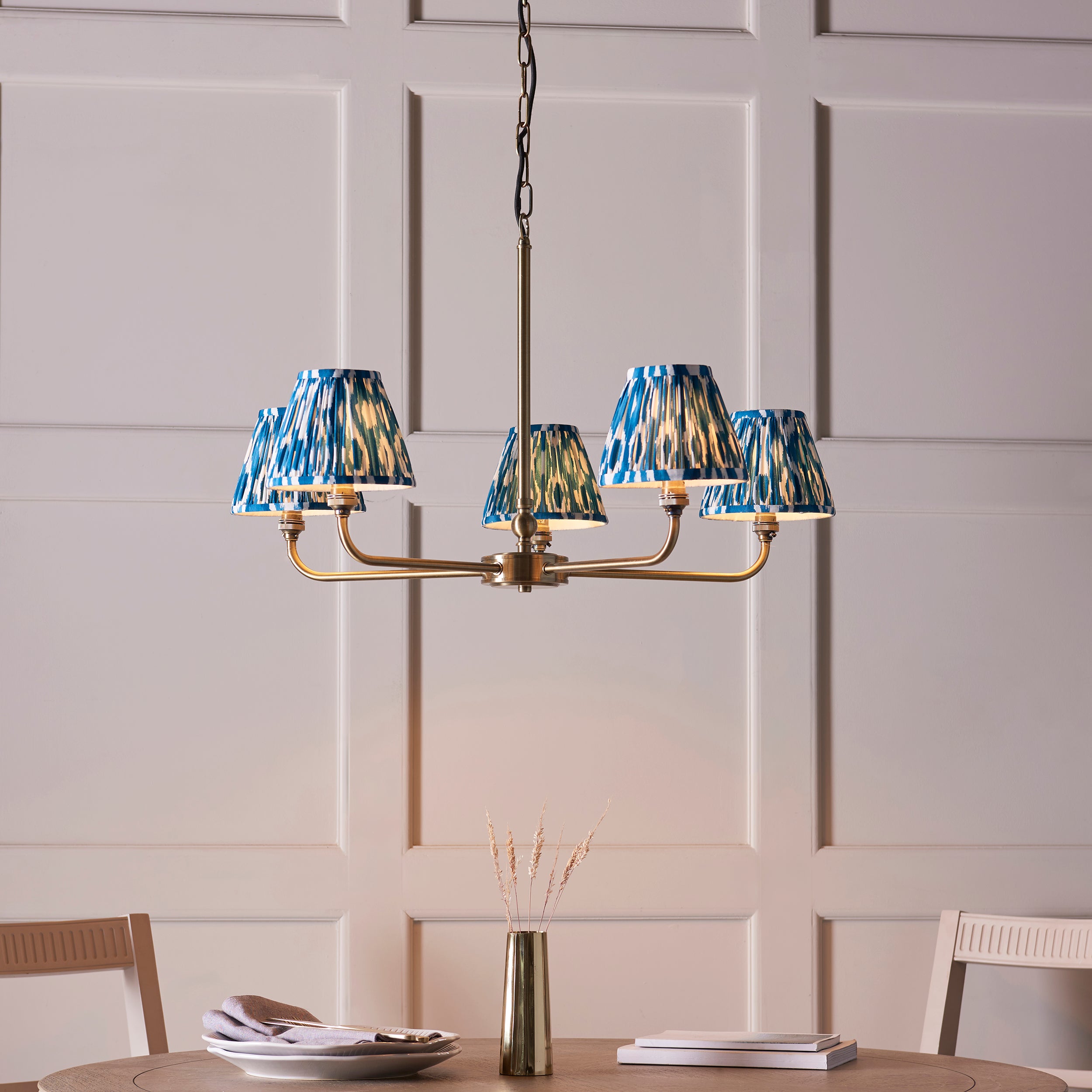 Lille Brass 5 Light Pendant & Blue Ikat 16cm Shades