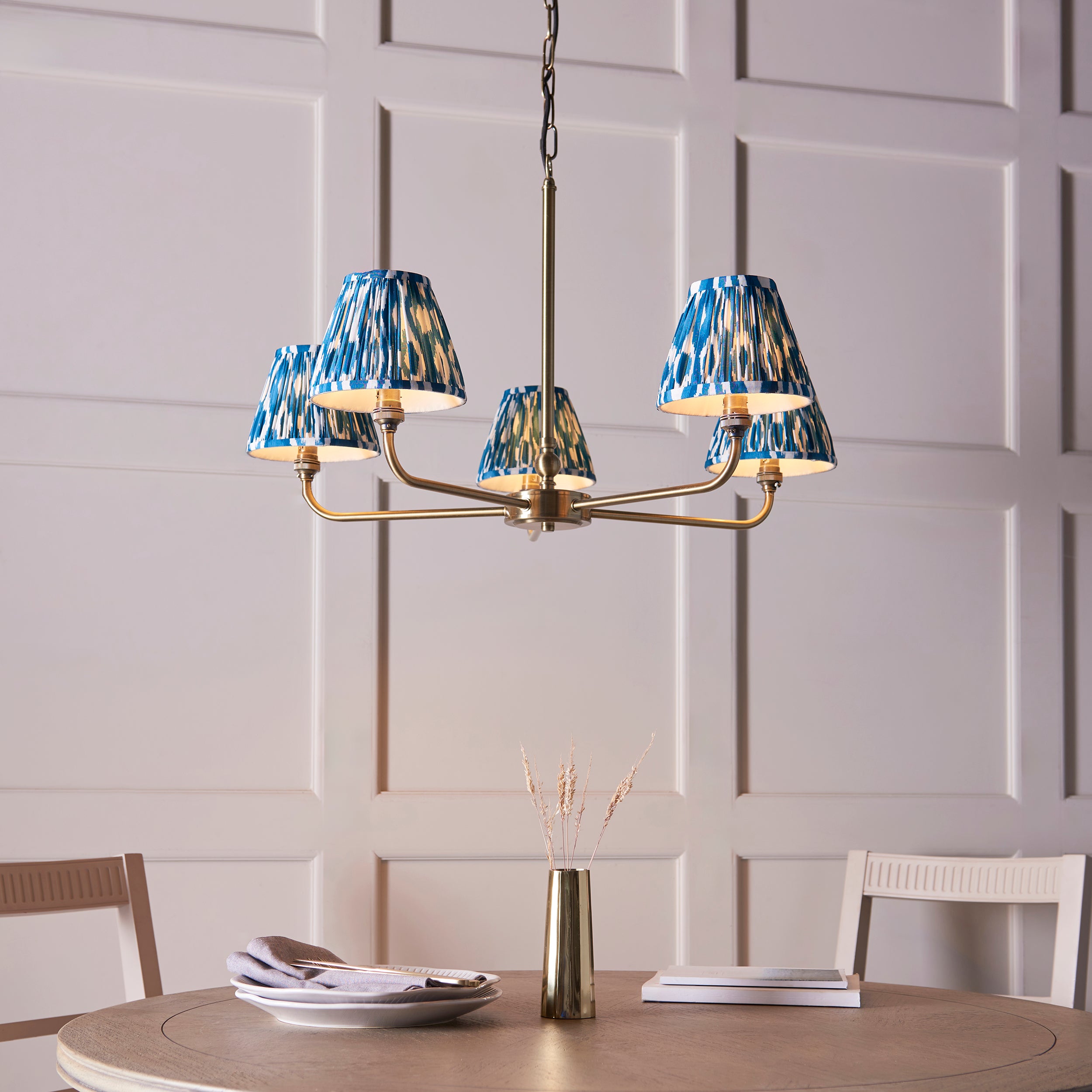 Lille Brass 5 Light Pendant & Blue Ikat 16cm Shades