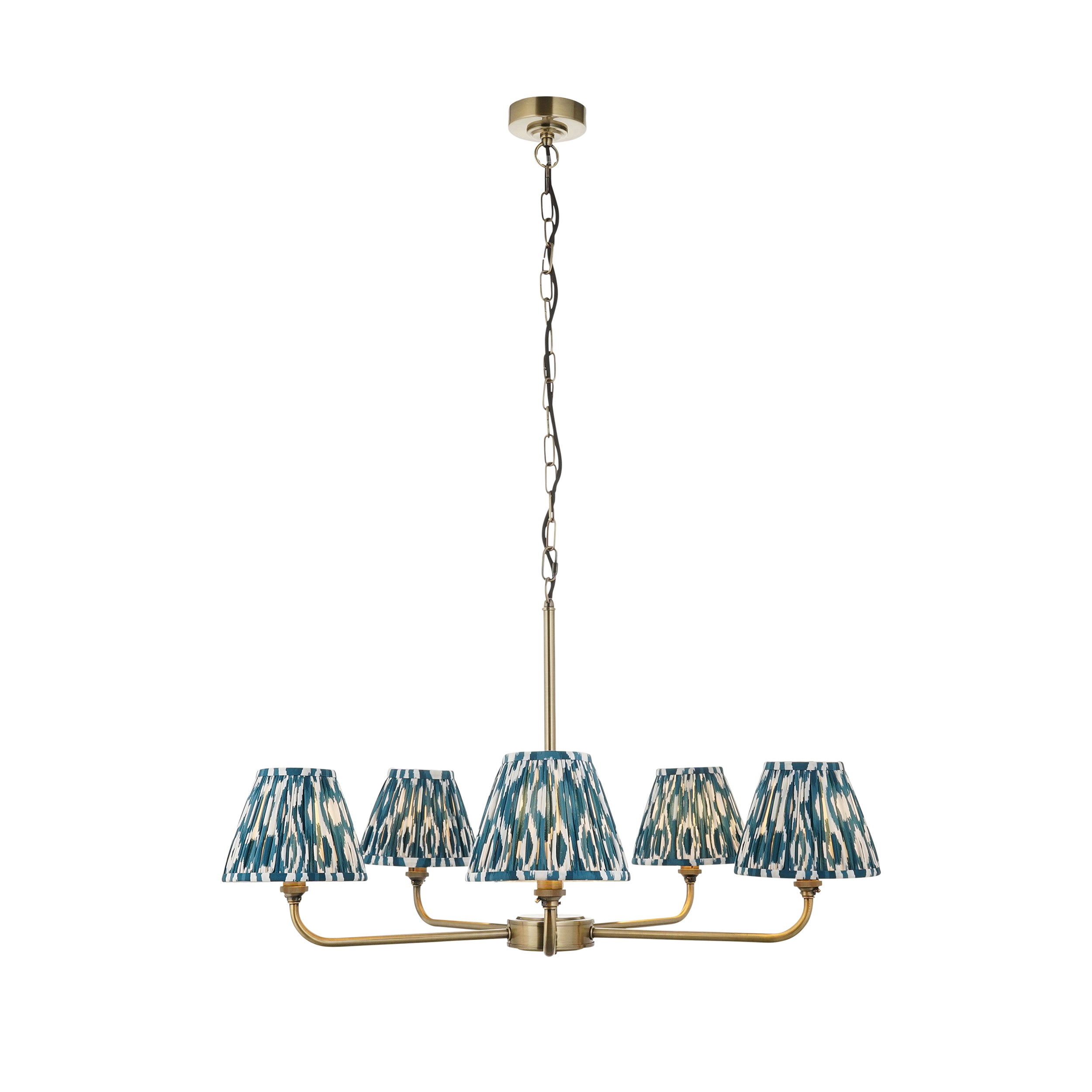 Lille Brass 5 Light Pendant & Blue Ikat 16cm Shades