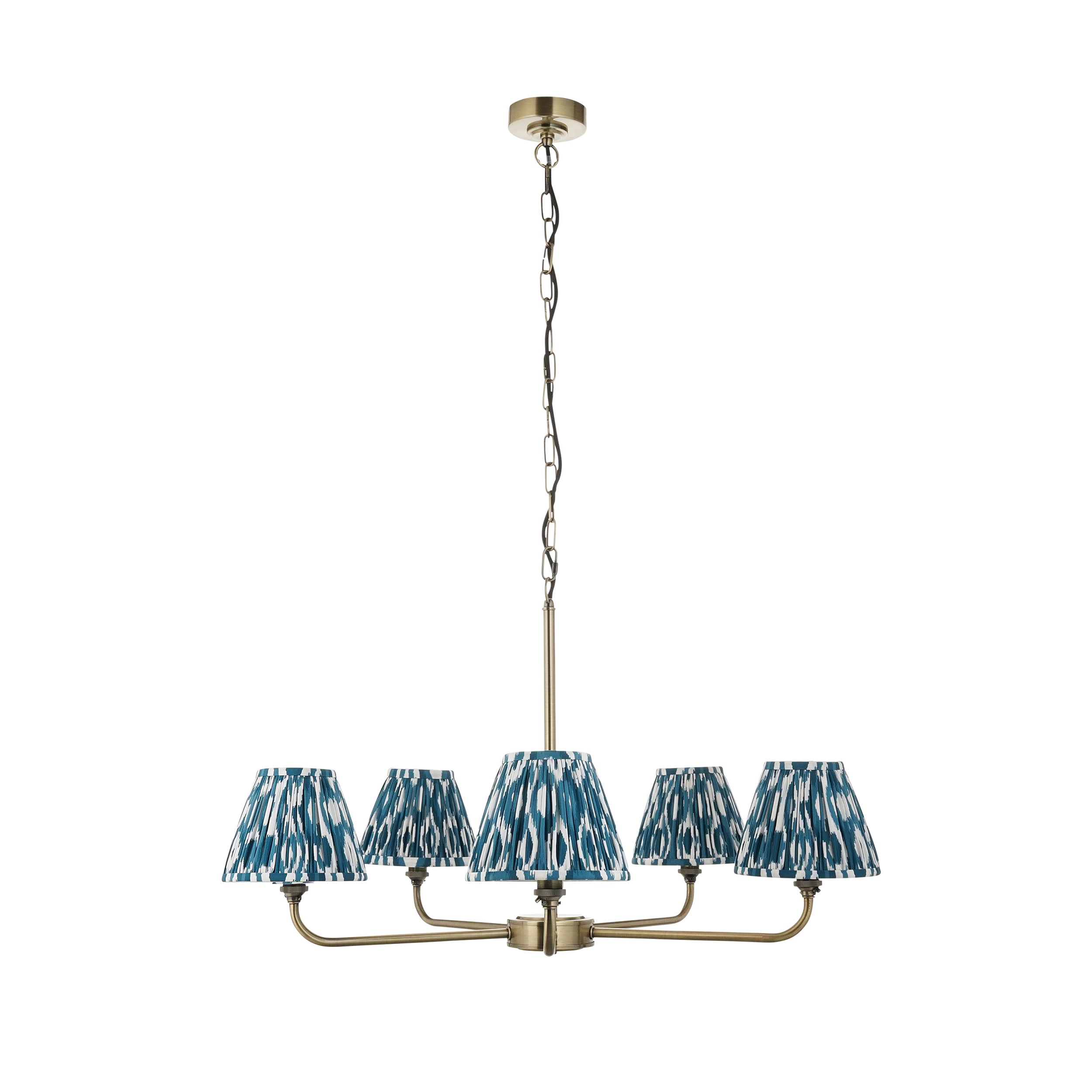 Lille Brass 5 Light Pendant & Blue Ikat 16cm Shades