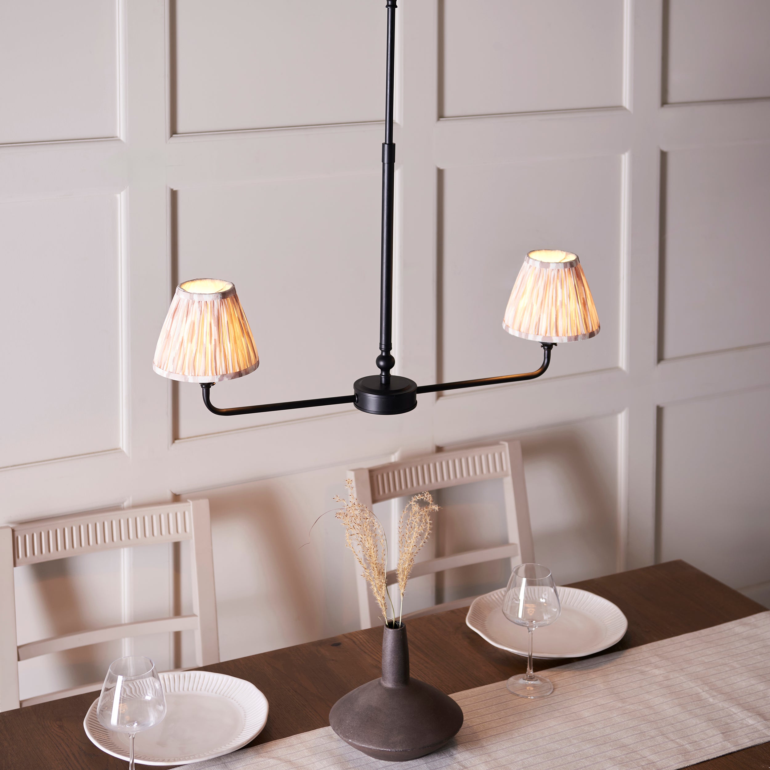 Lille Black 2 Light Linear Pendant & Neutral Ikat 16cm Shades