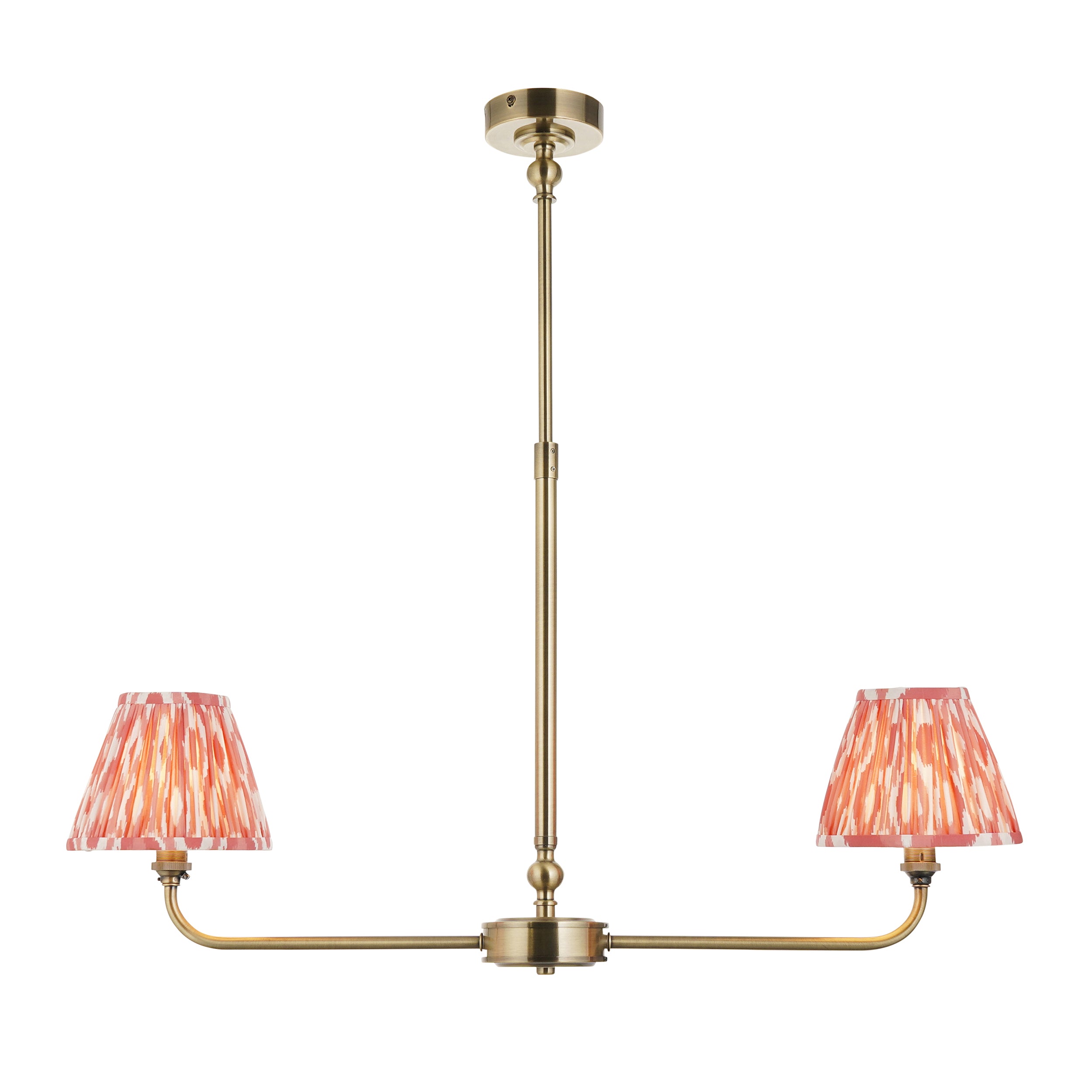 Lille Brass 2 Light Linear Pendant & Coral Pink Ikat 16cm Shades 118077 by Endon Lighting