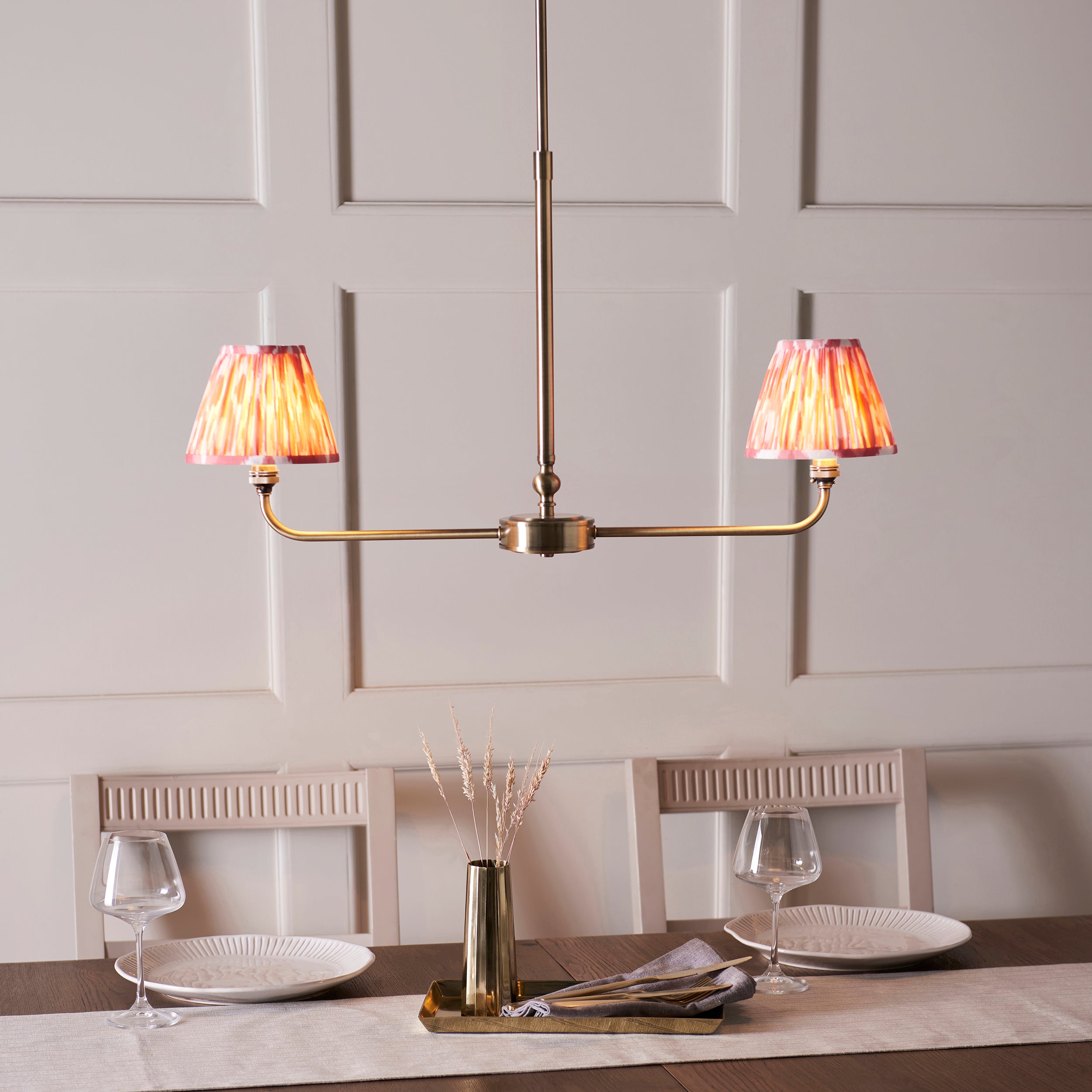 Lille Brass 2 Light Linear Pendant & Coral Pink Ikat 16cm Shades