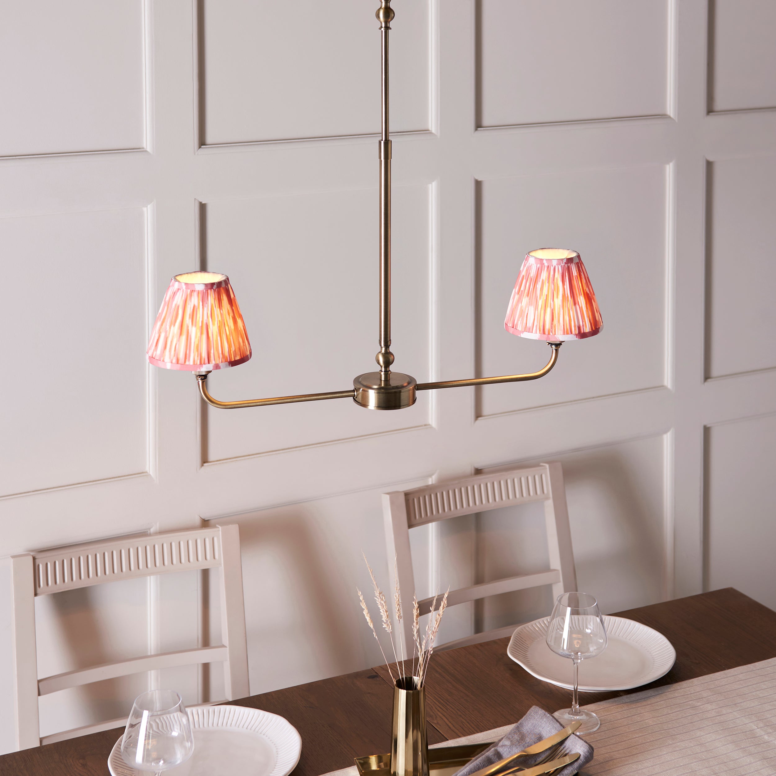 Lille Brass 2 Light Linear Pendant & Coral Pink Ikat 16cm Shades