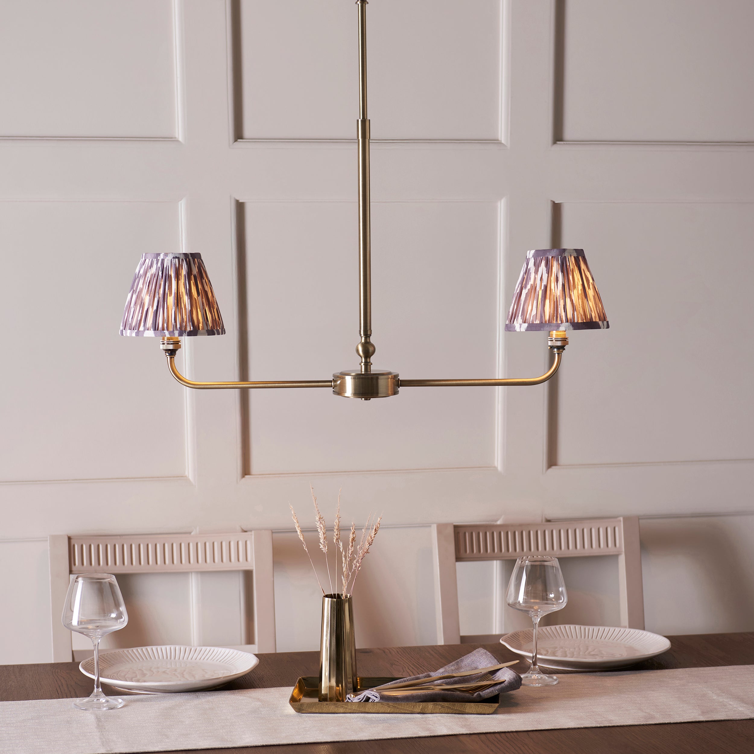 Lille Brass 2 Light Linear Pendant & Grey Ikat 16cm Shades