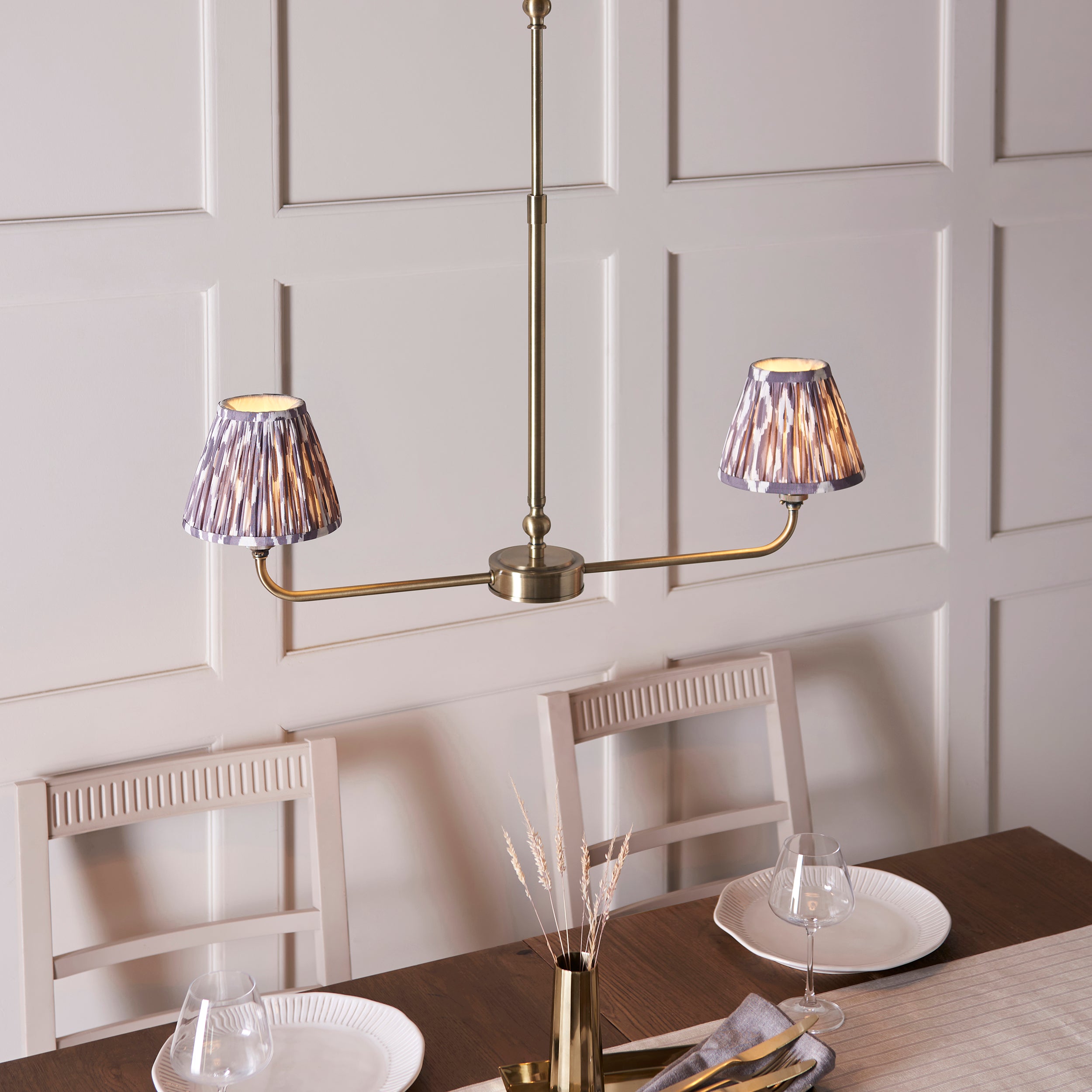 Lille Brass 2 Light Linear Pendant & Grey Ikat 16cm Shades