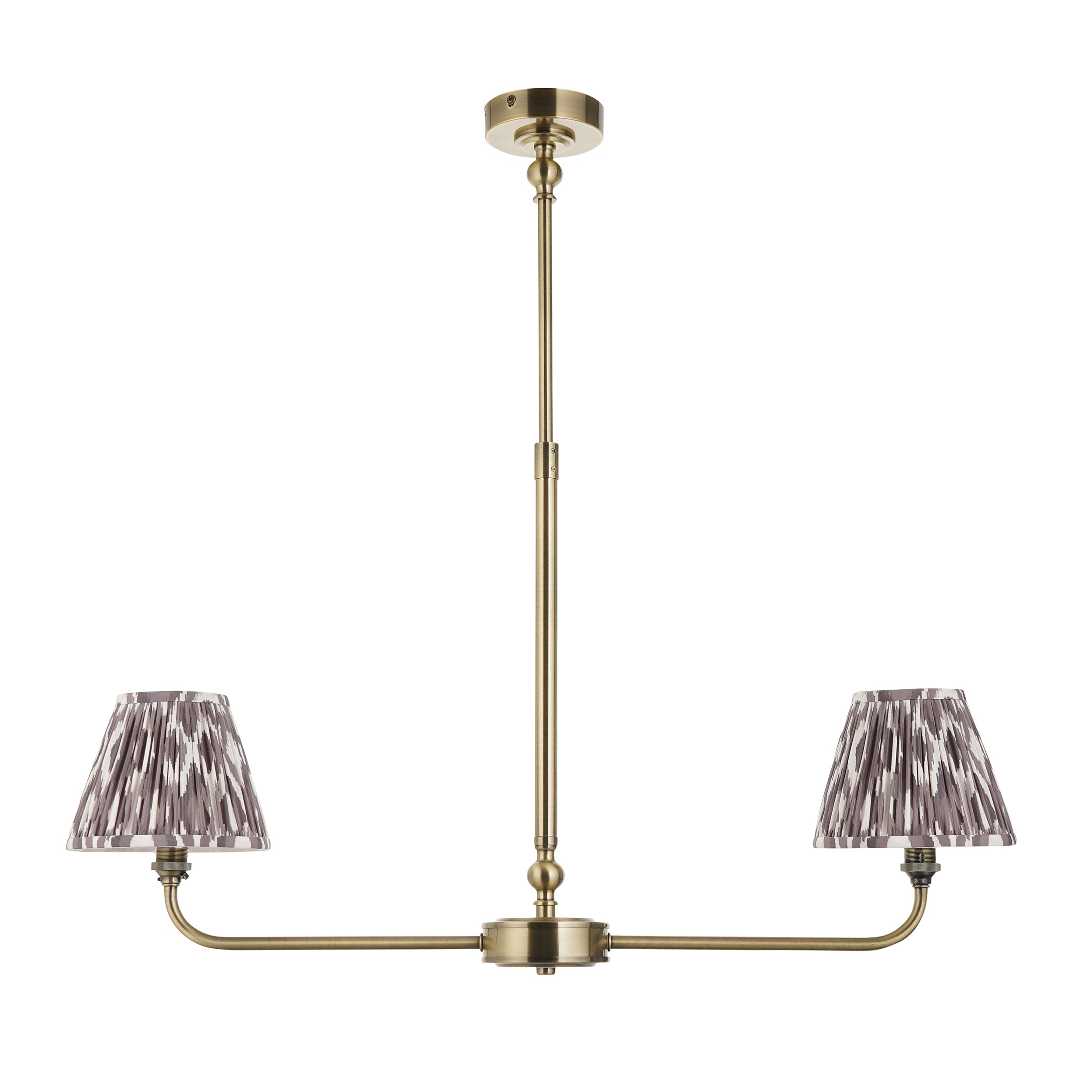 Lille Brass 2 Light Linear Pendant & Grey Ikat 16cm Shades