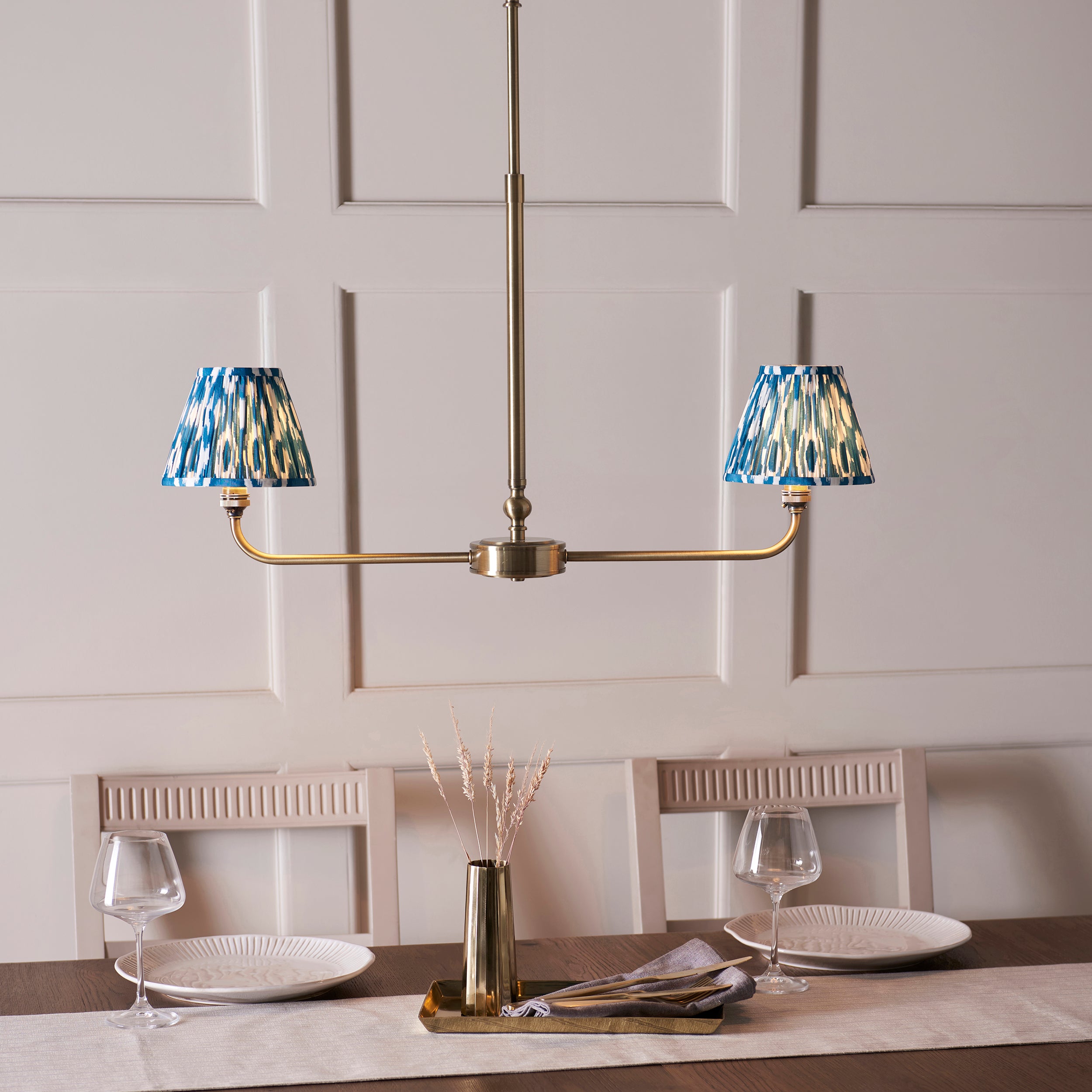 Lille Brass 2 Light Linear Pendant & Blue Ikat 16cm Shades