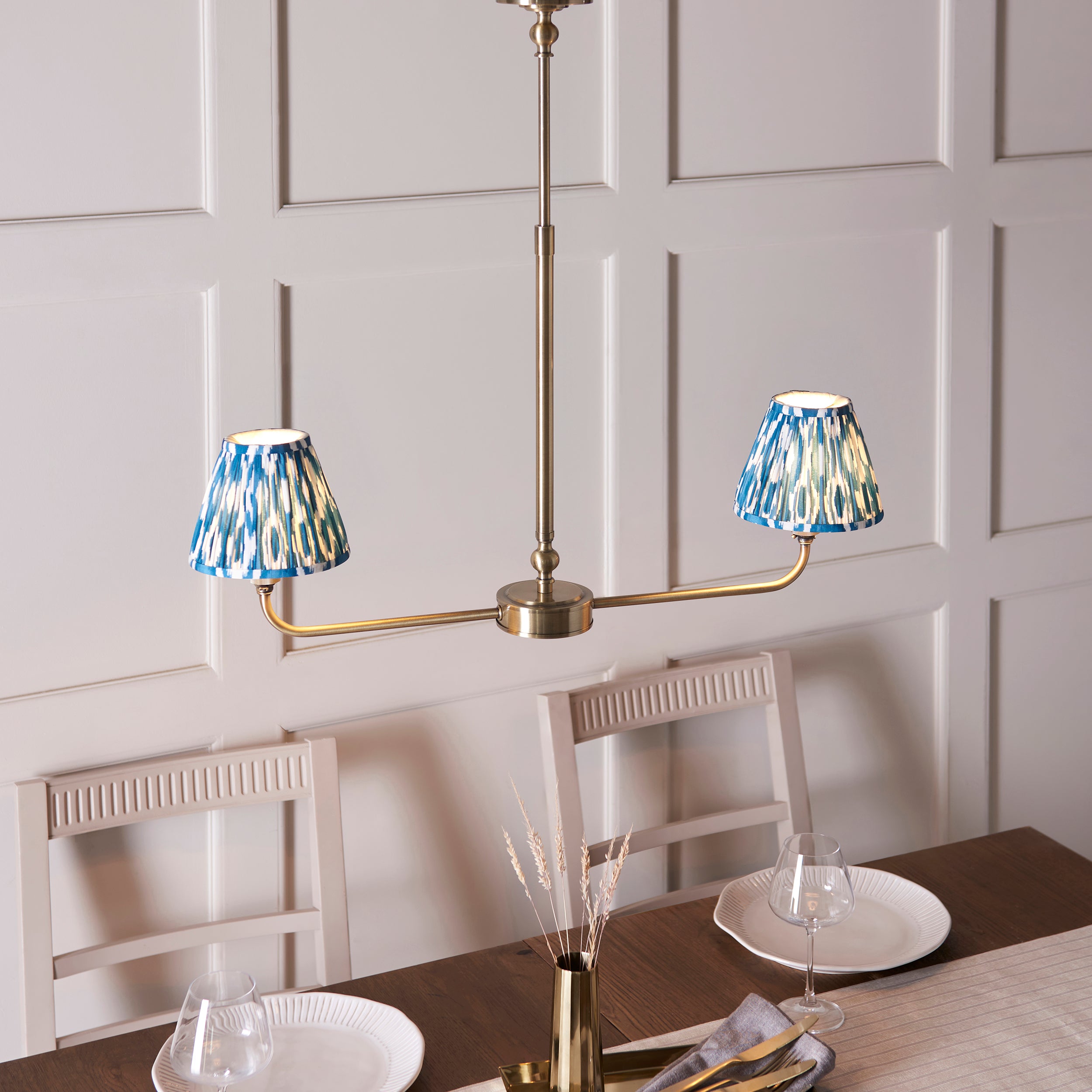 Lille Brass 2 Light Linear Pendant & Blue Ikat 16cm Shades