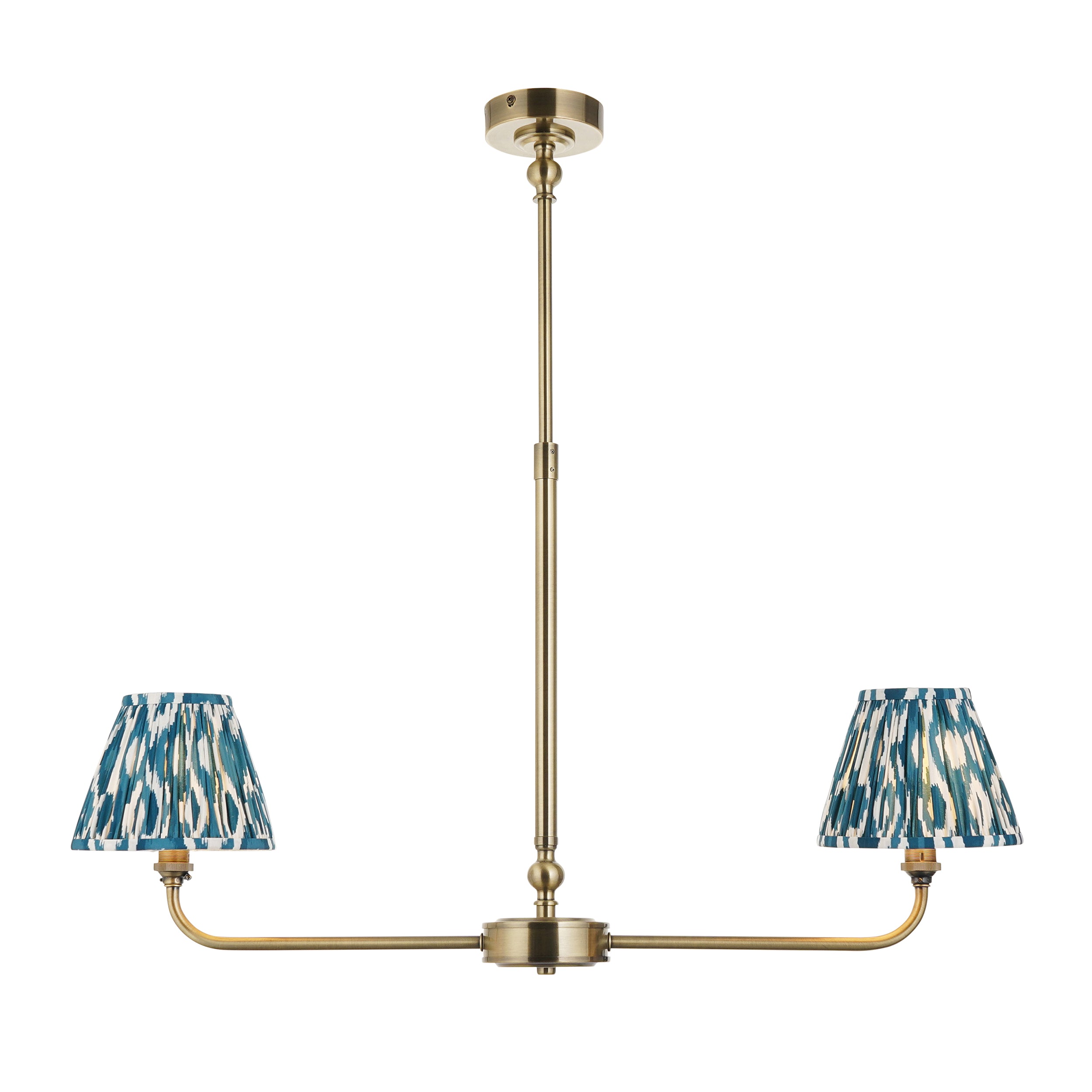 Lille Brass 2 Light Linear Pendant & Blue Ikat 16cm Shades