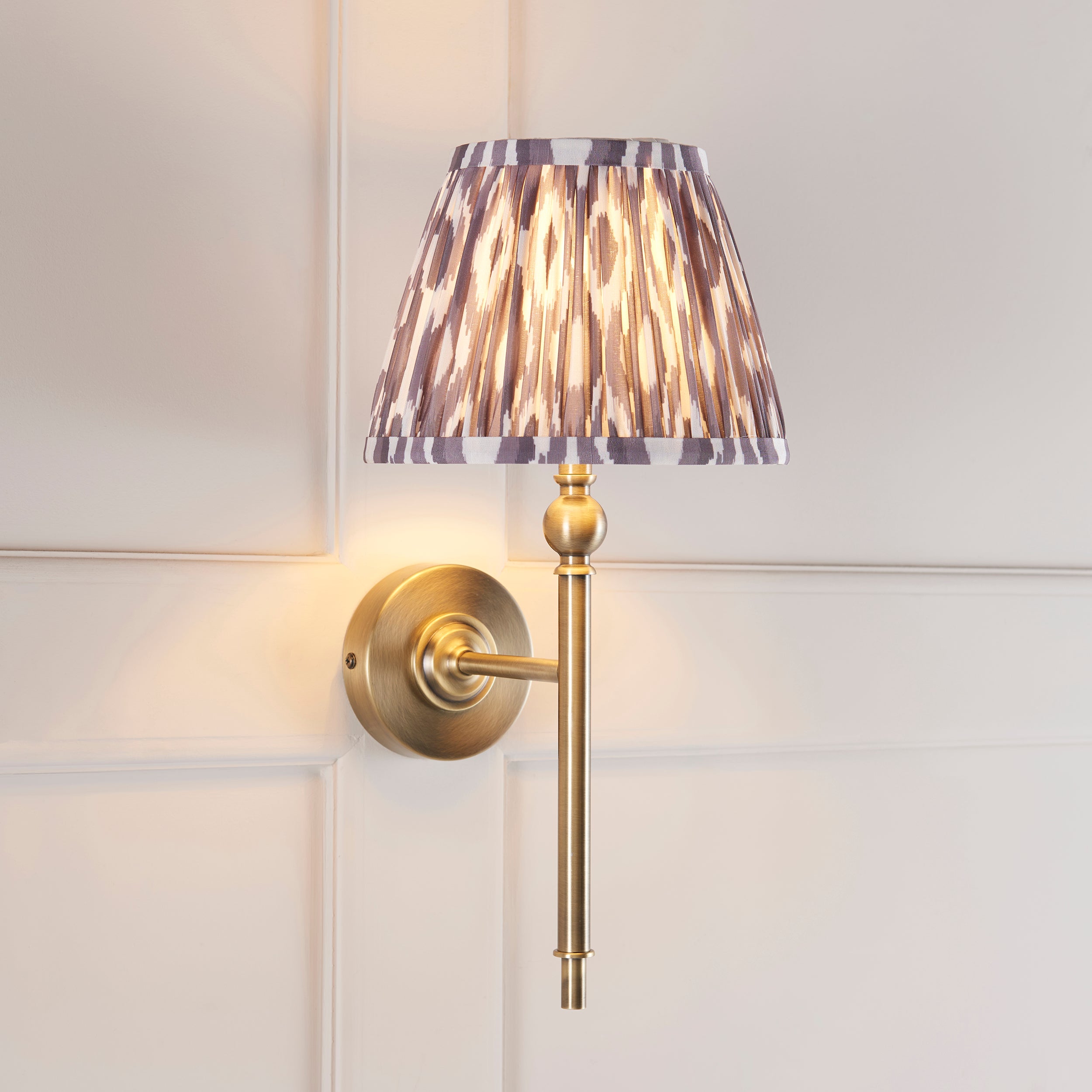 Lille Brass Wall Light & Grey Ikat 20cm Shade