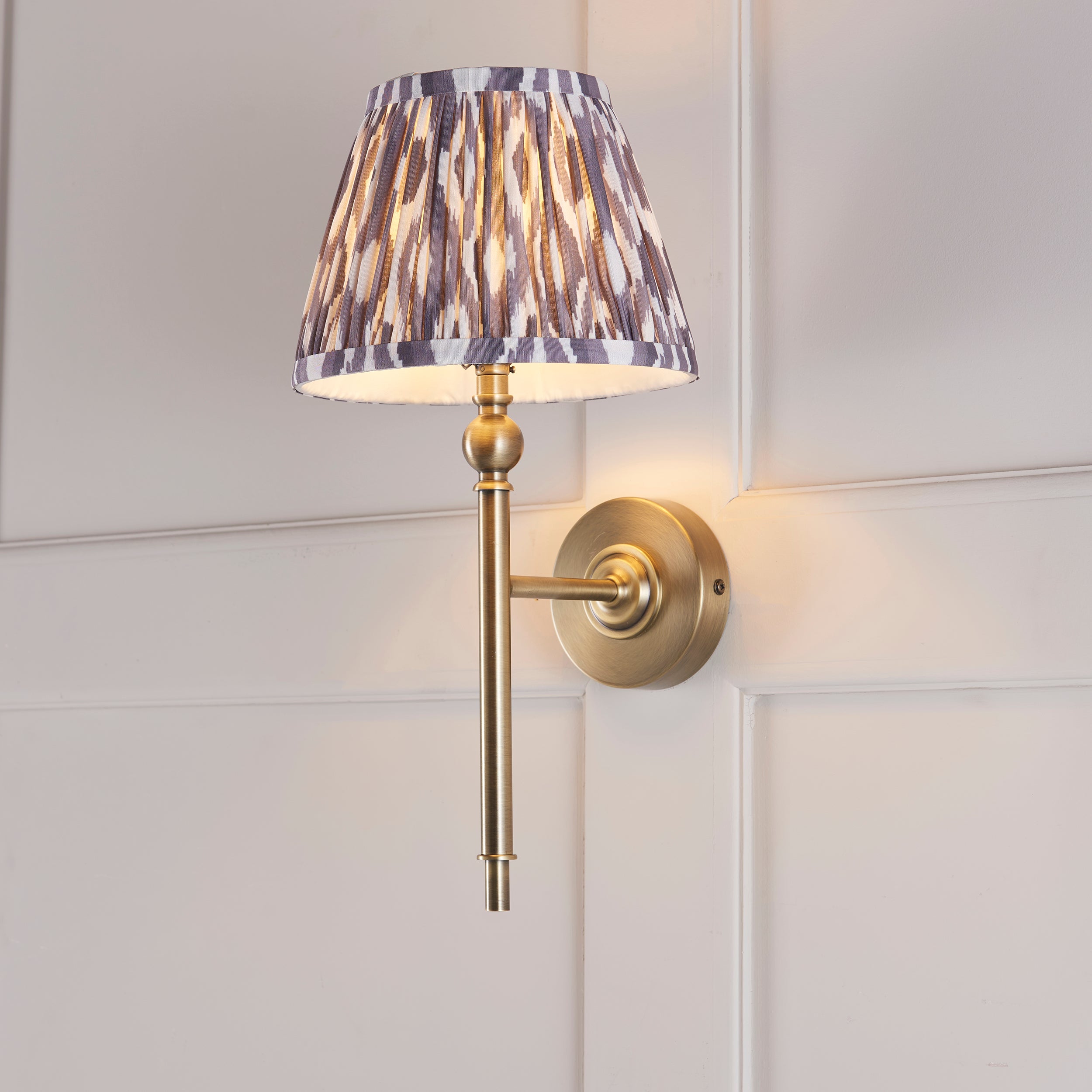 Lille Brass Wall Light & Grey Ikat 20cm Shade