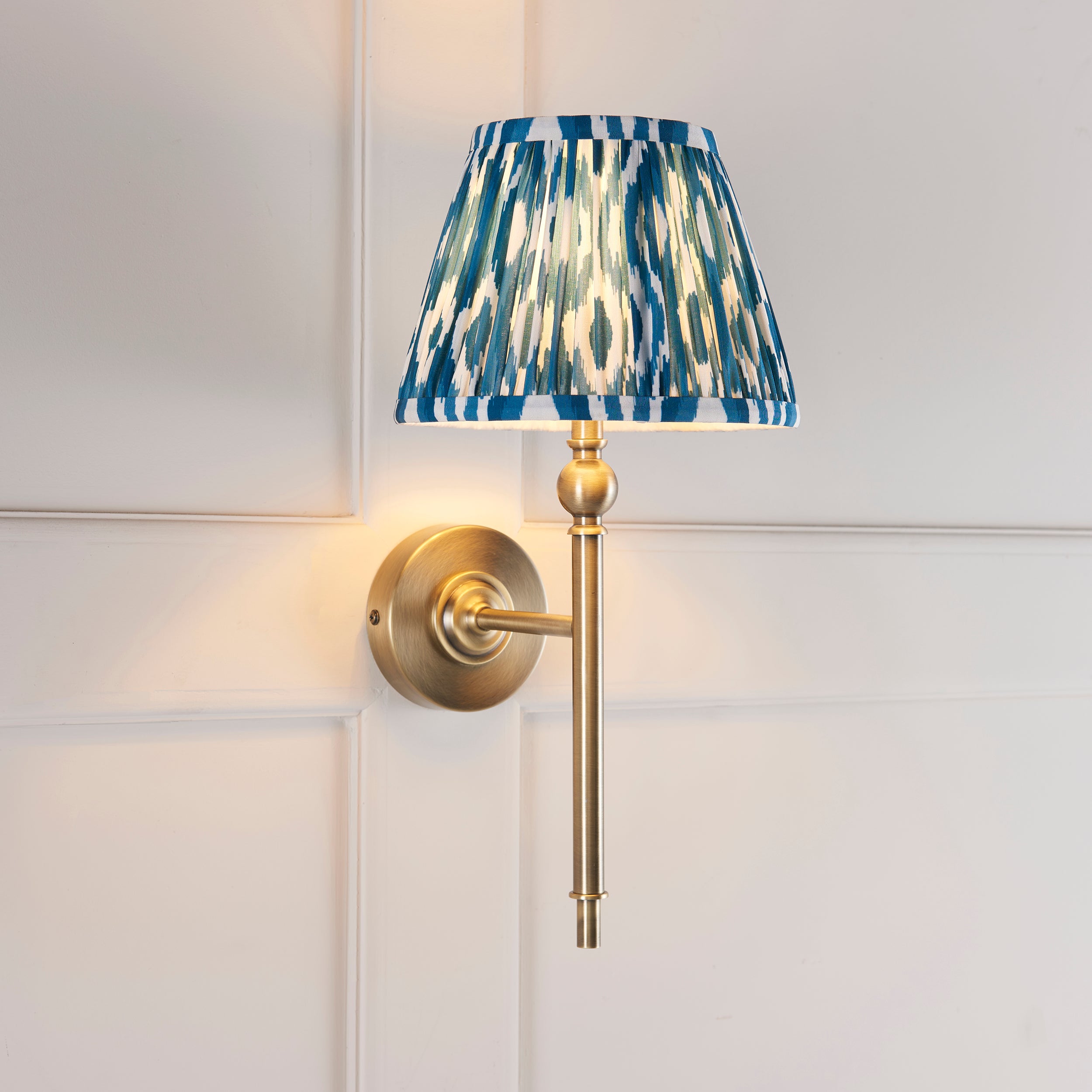 Lille Brass Wall Light & Blue Ikat 20cm Shade