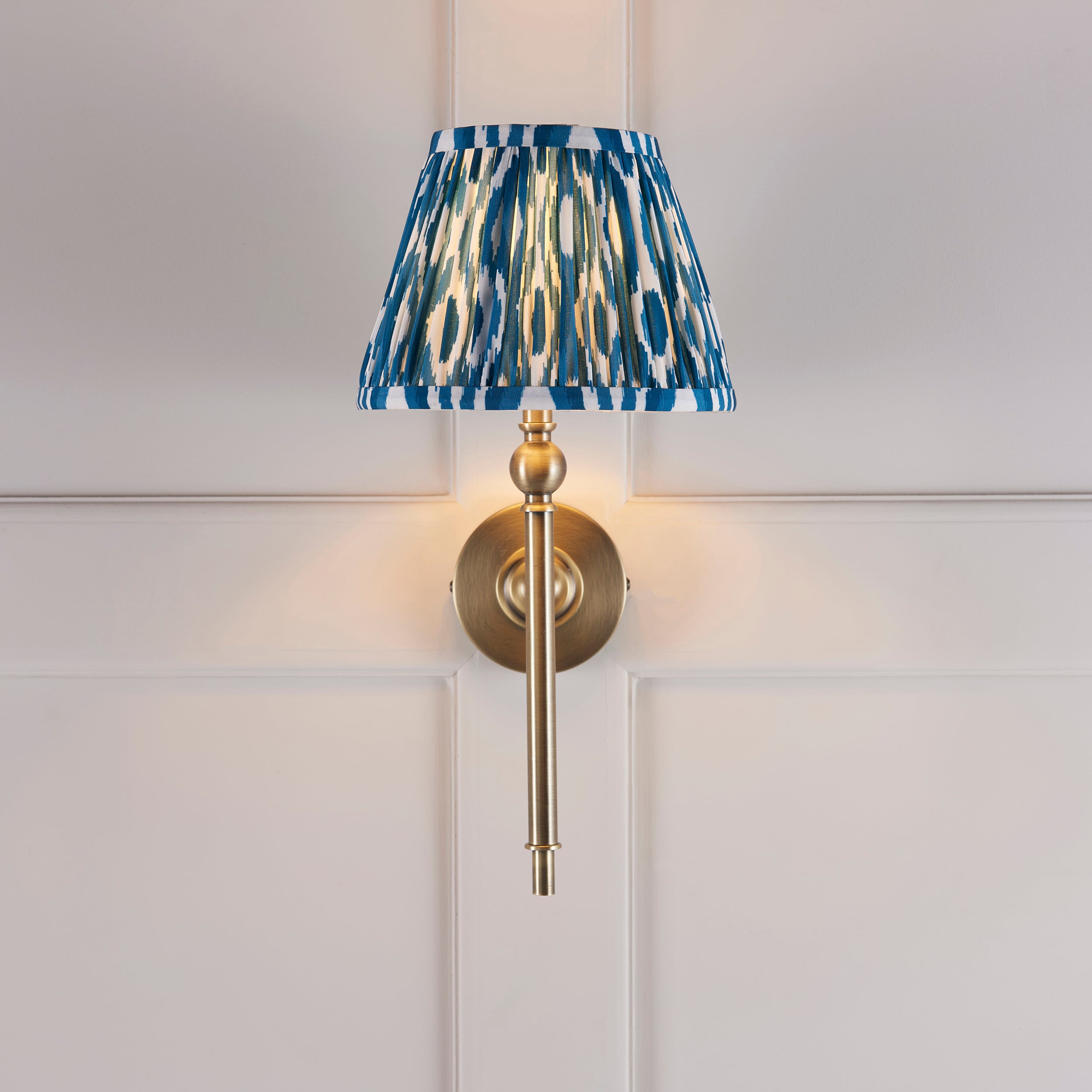Lille Brass Wall Light & Blue Ikat 20cm Shade
