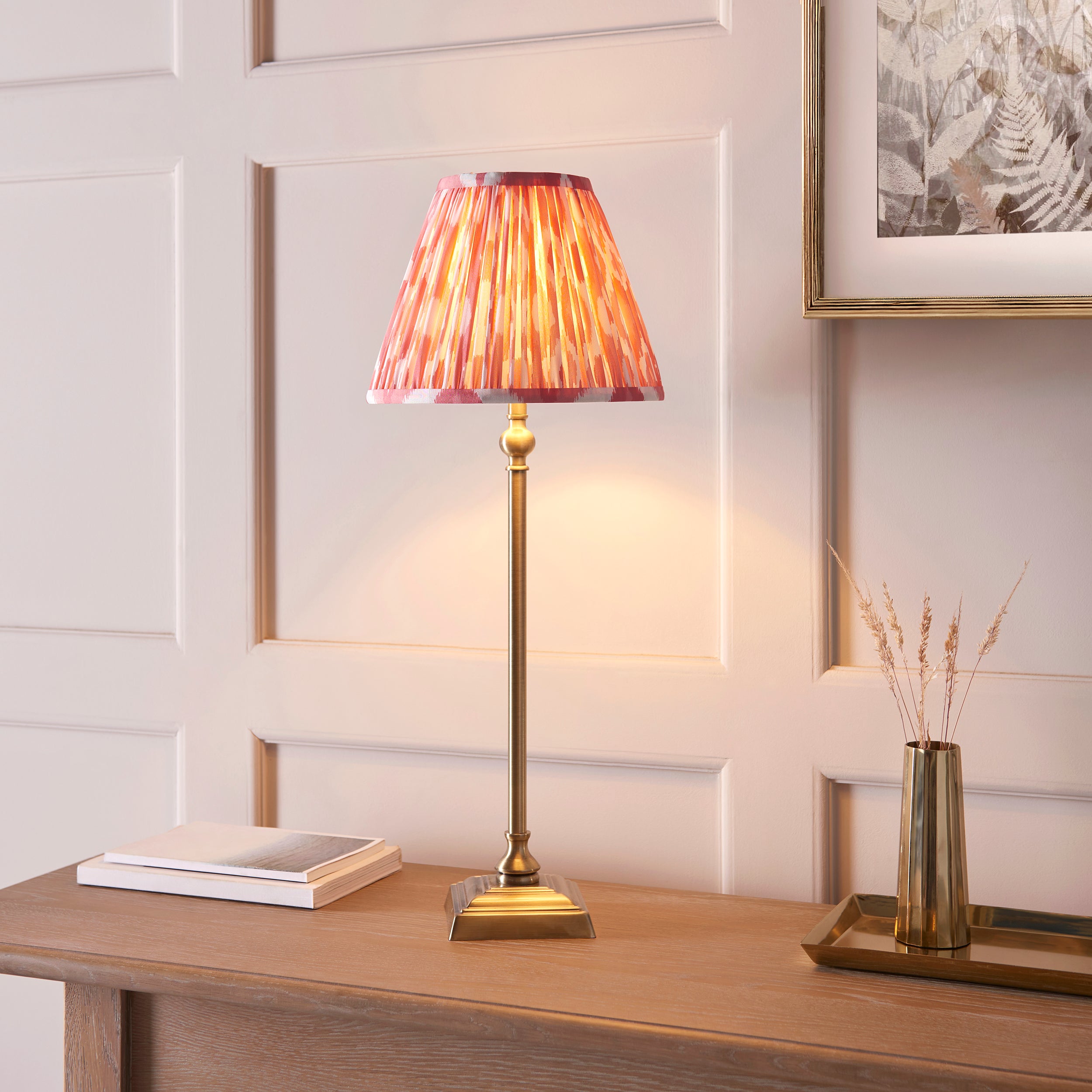 Lille Brass Table Lamp & Coral Pink Ikat 25cm Shade