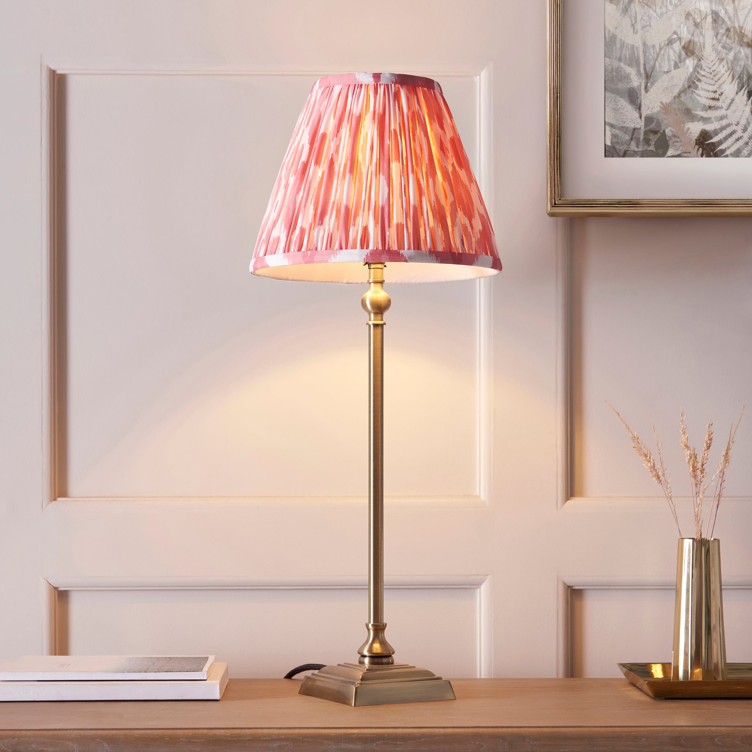 Lille Brass Table Lamp & Coral Pink Ikat 25cm Shade