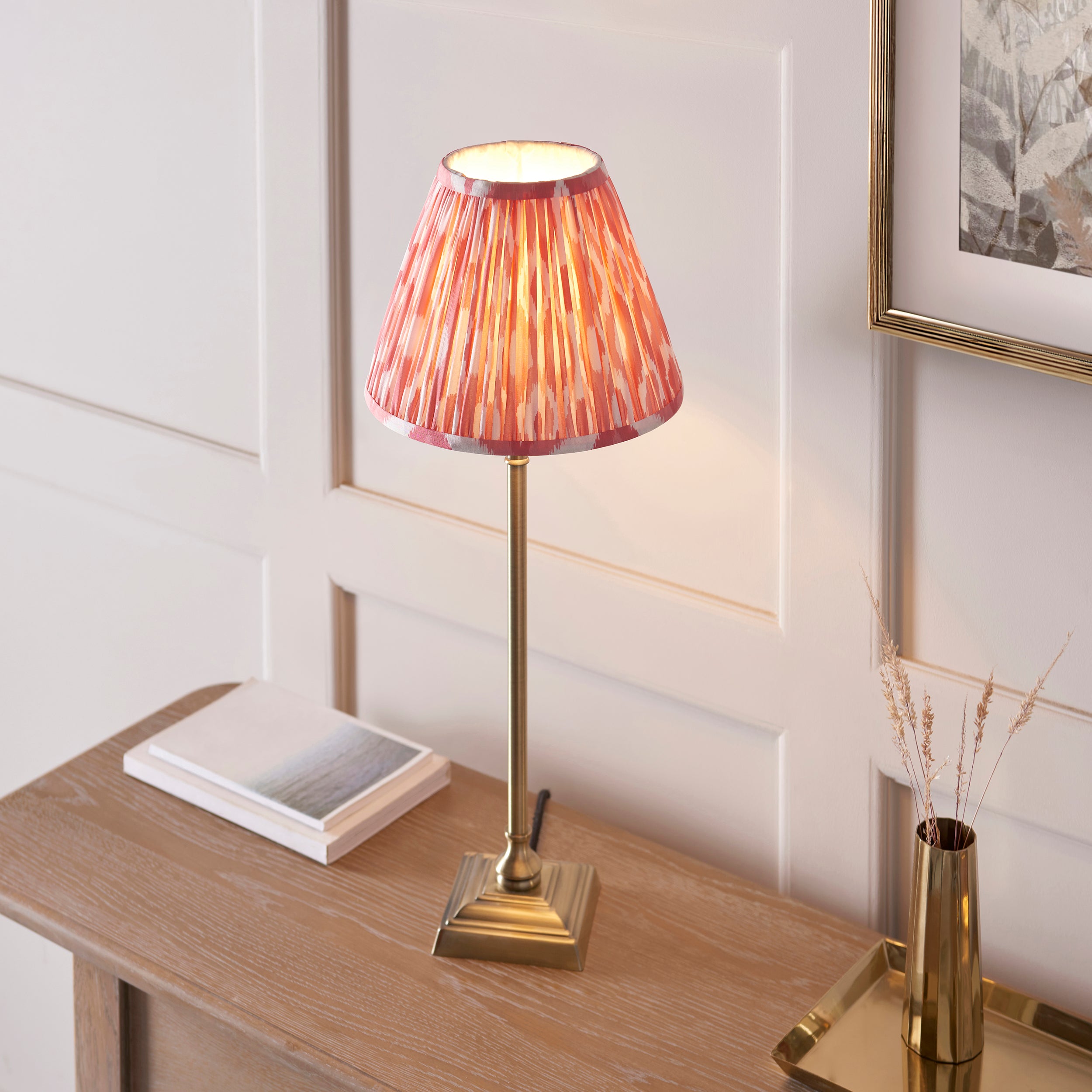 Lille Brass Table Lamp & Coral Pink Ikat 25cm Shade