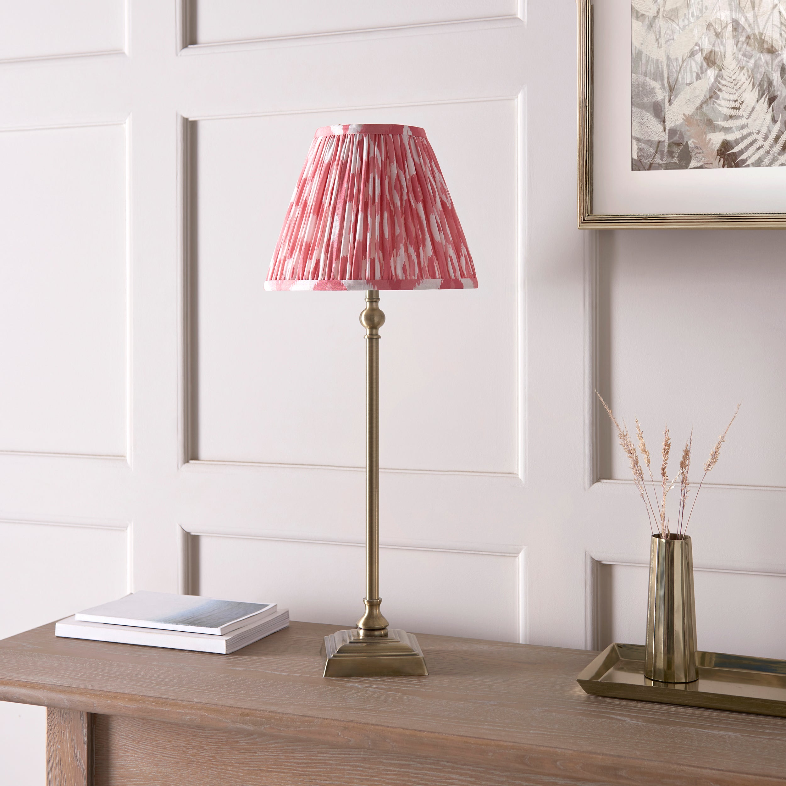 Lille Brass Table Lamp & Coral Pink Ikat 25cm Shade