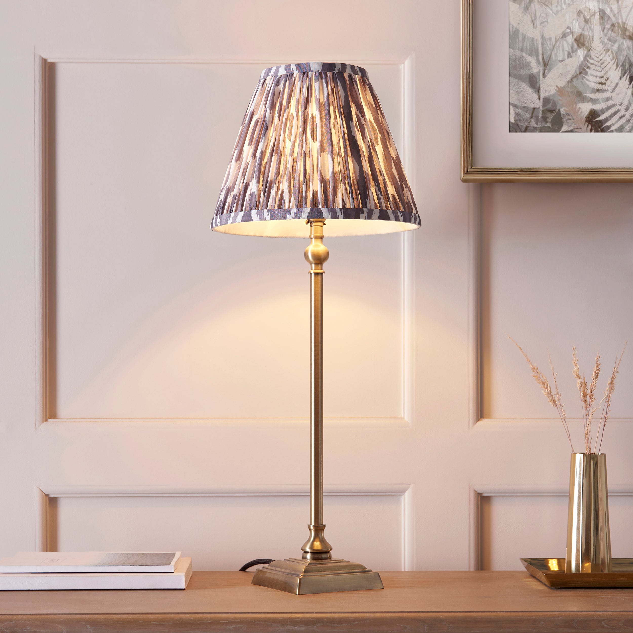 Lille Brass Table Lamp & Grey Ikat 25cm Shade
