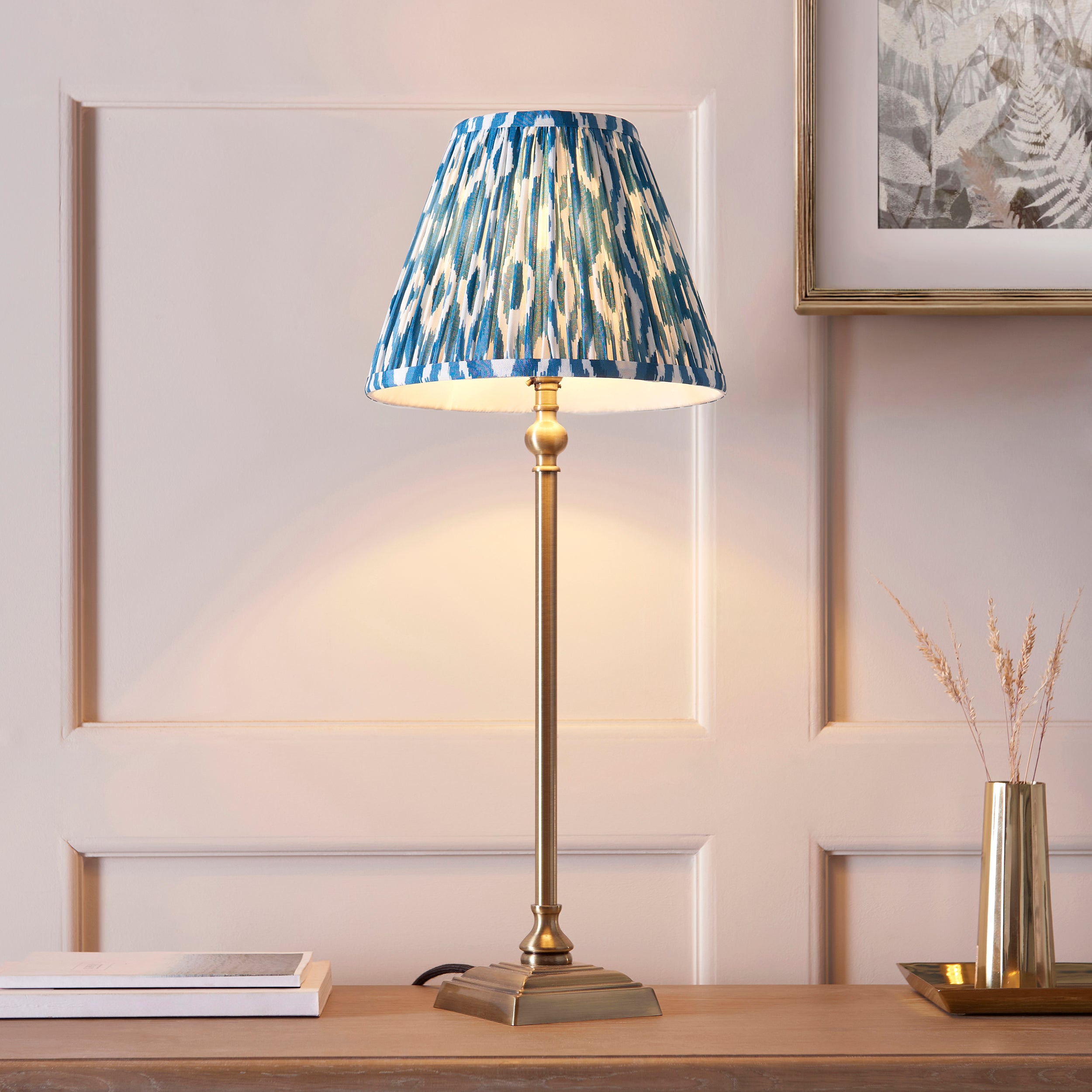 Lille Brass Table Lamp & Blue Ikat 25cm Shade