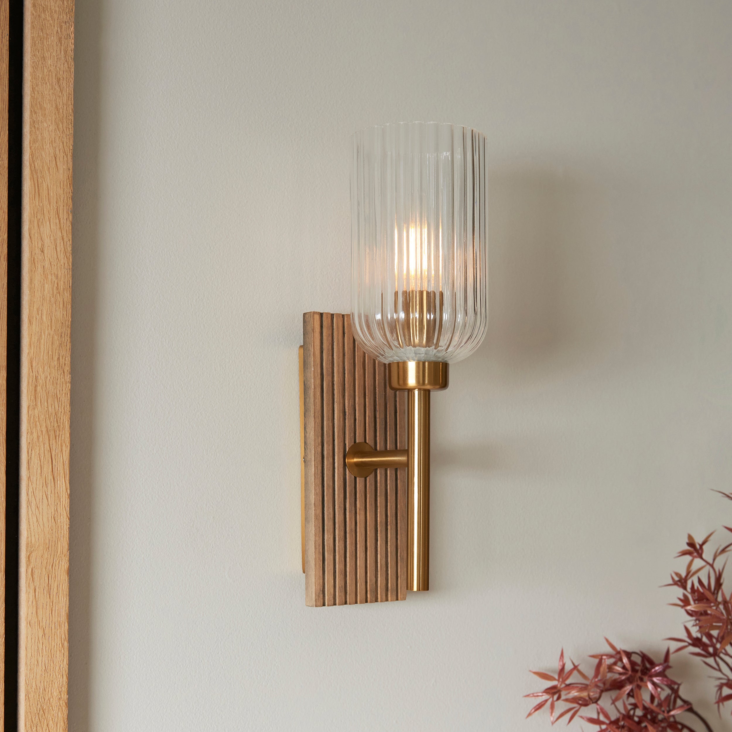 Grove Beechwood & Brass Wall - Ribbed Glass Shade