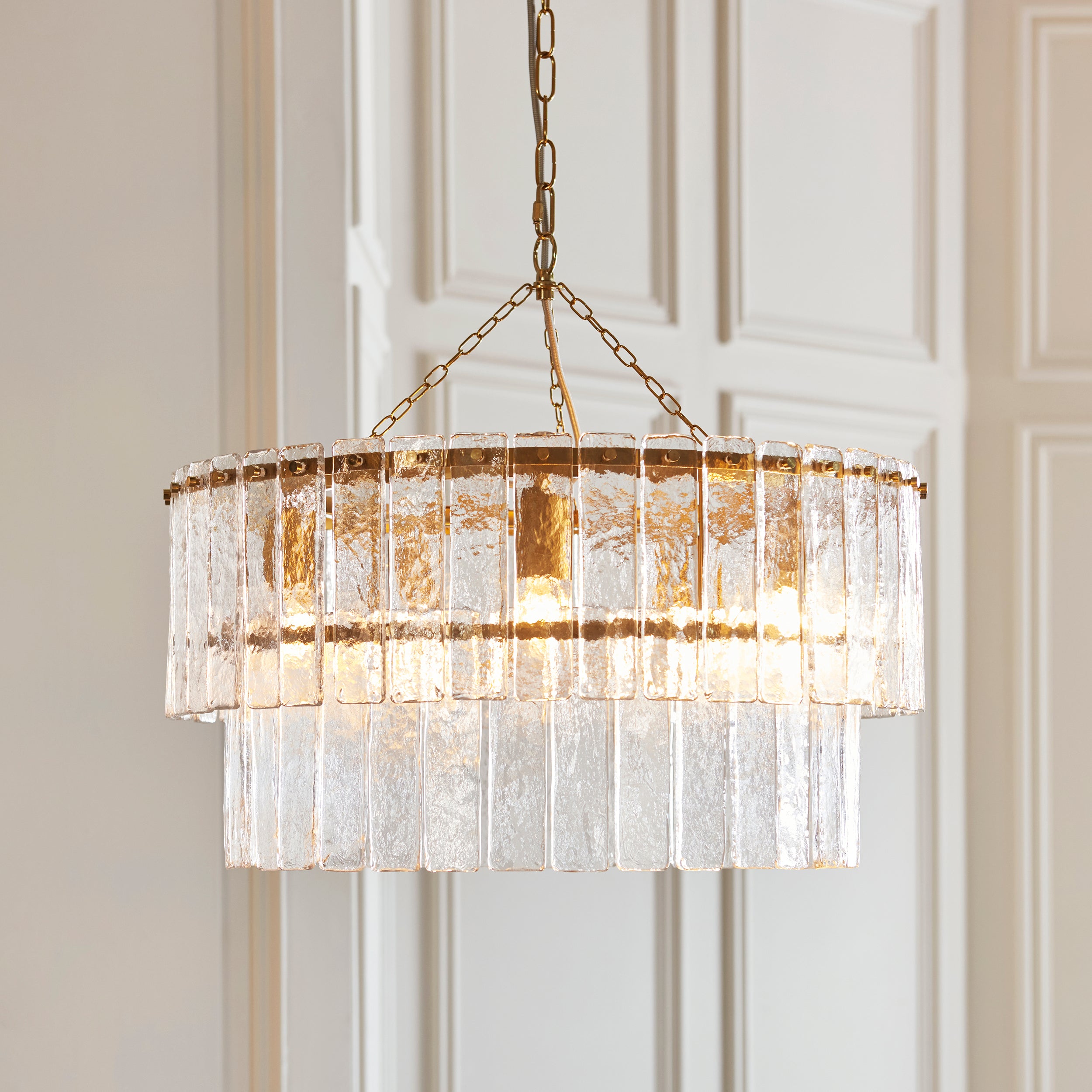 Karine 5 Light Tiered Brass Pendant - Handmade Glass Panels