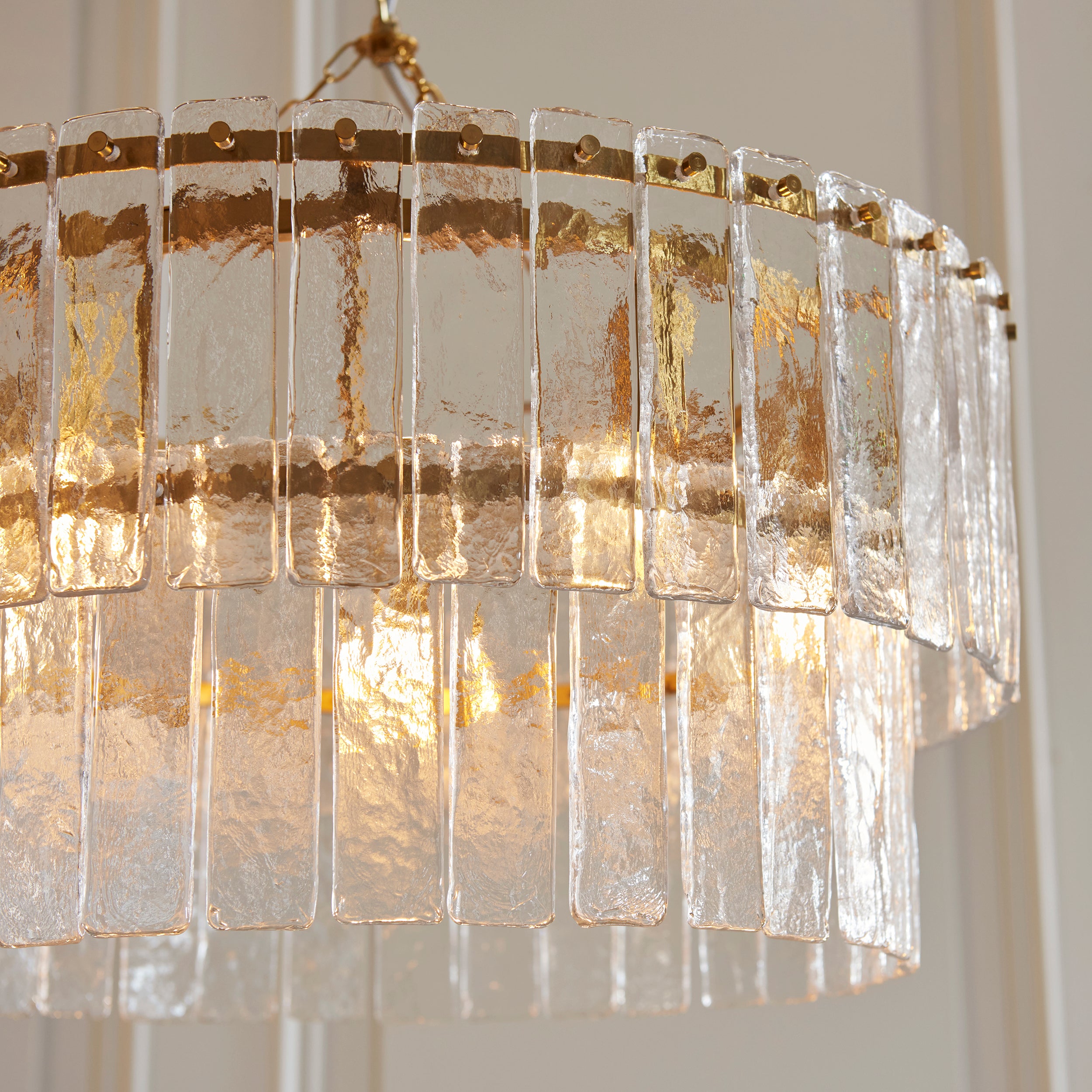 Karine 5 Light Tiered Brass Pendant - Handmade Glass Panels