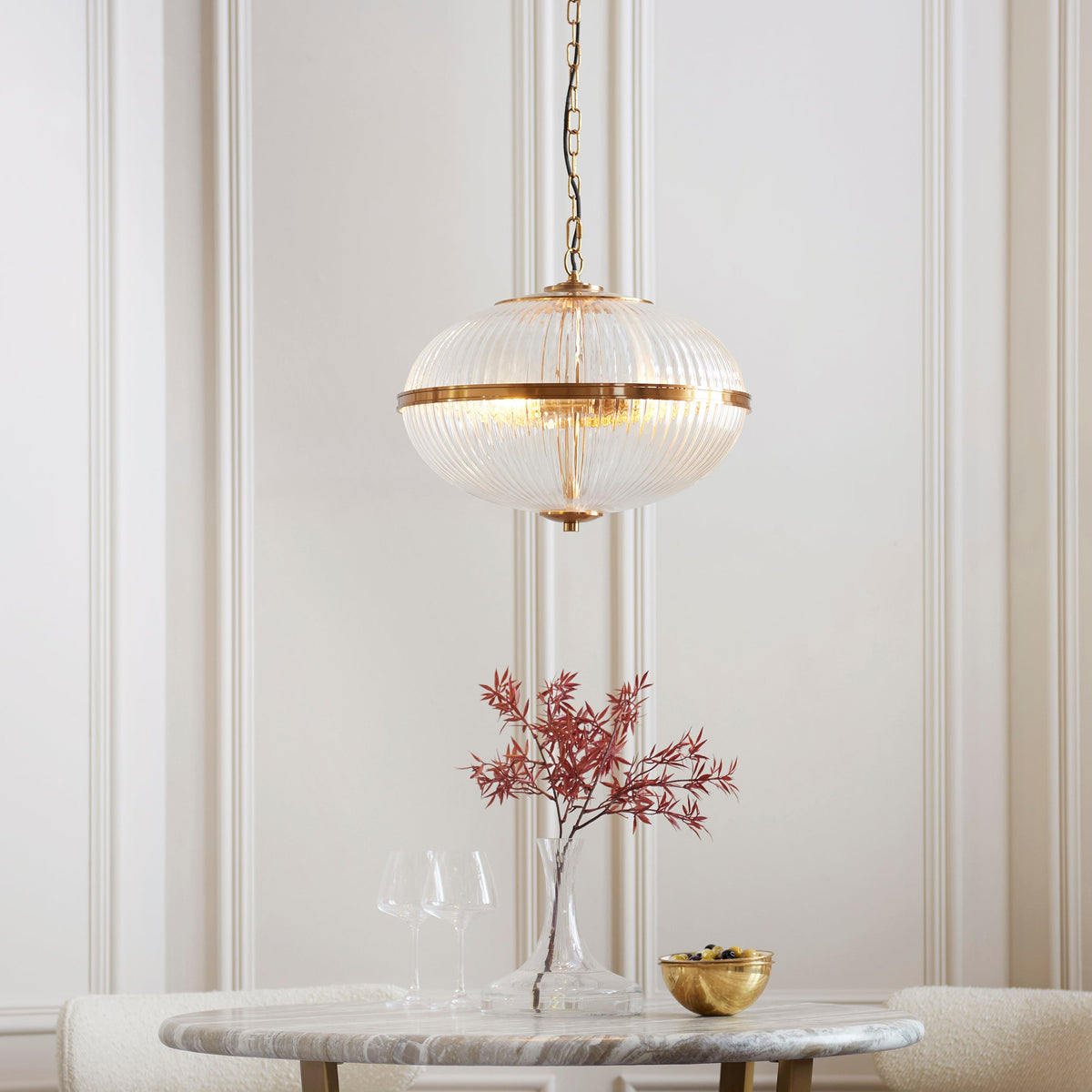 Somerset 3 Light Brass & Ribbed Glass Pendant-warehouse-180926