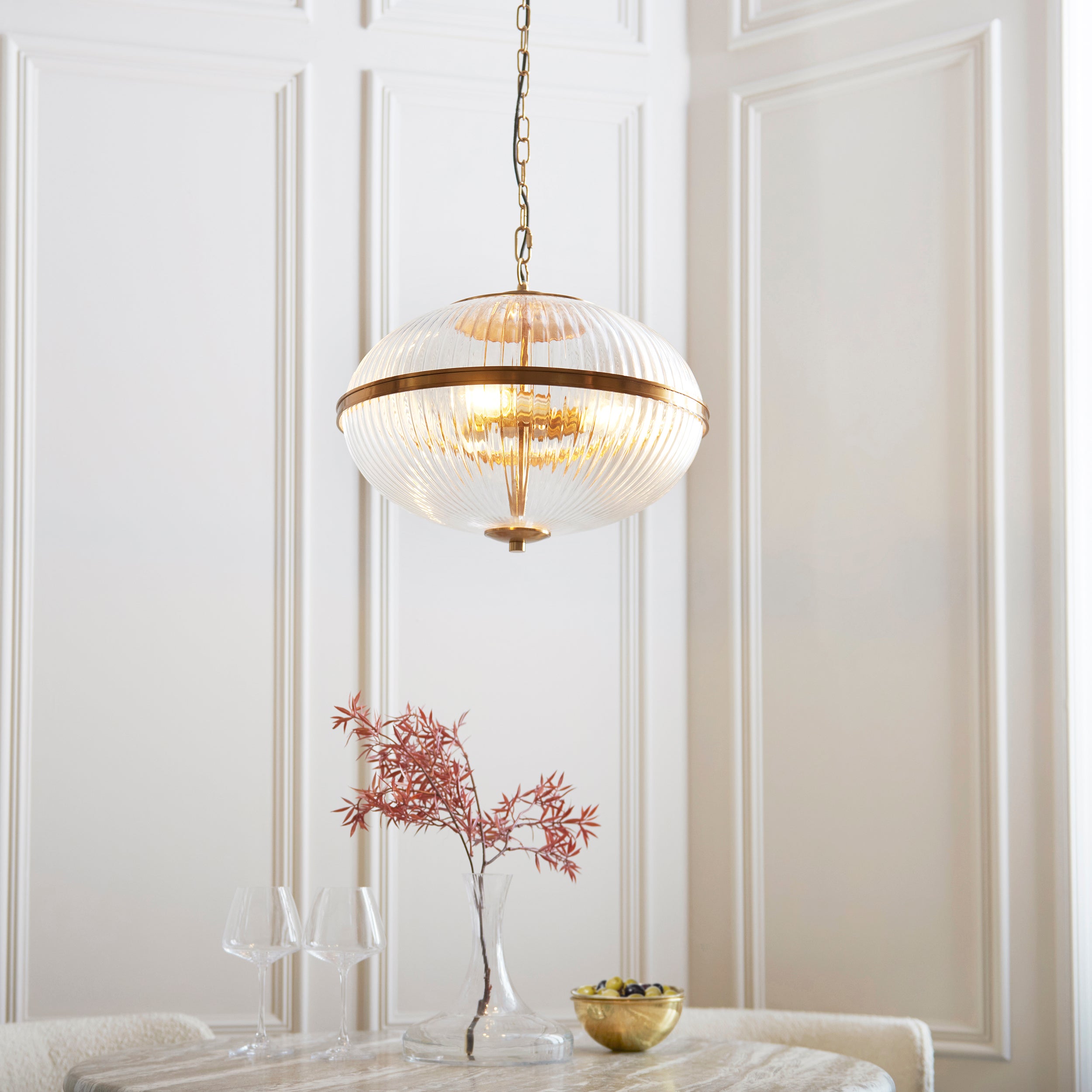 Somerset 3 Light Brass & Ribbed Glass Pendant