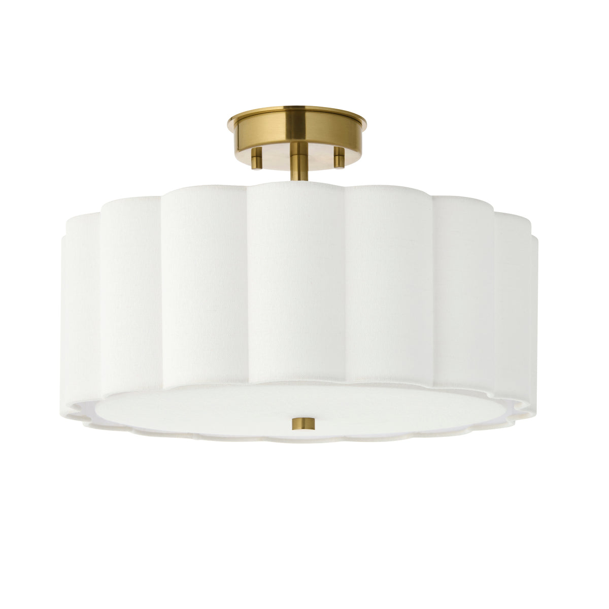 Serene brushed aged brass flush ceiling light with white scalloped shade on a plain background