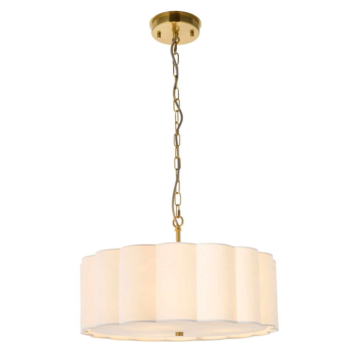 Serene brushed aged brass pendant on a chain with fluted cream cotton shade and fabric diffuser