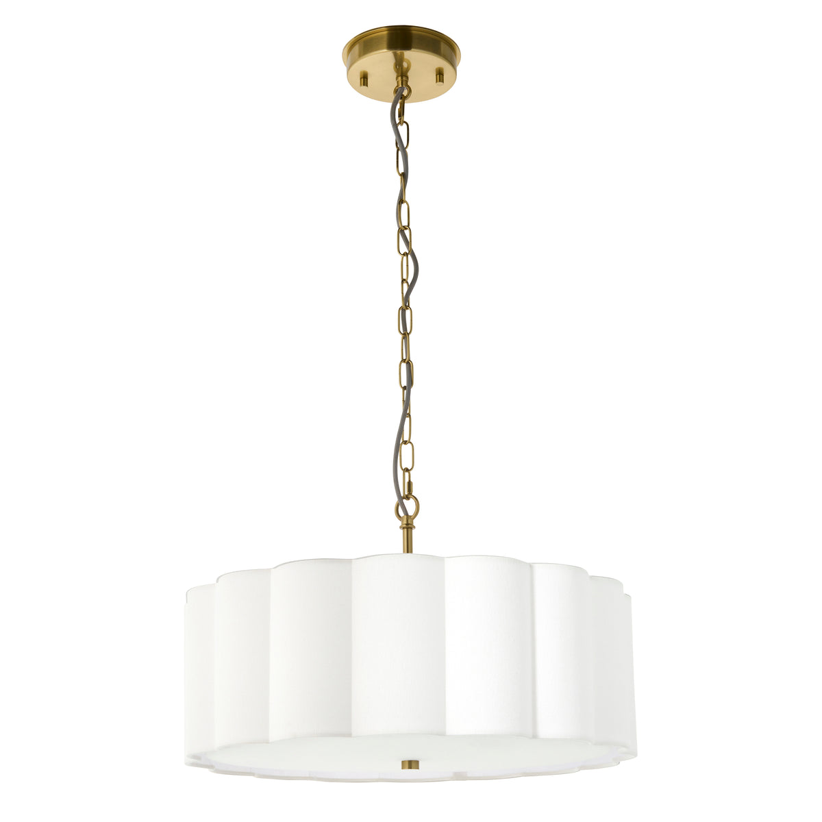 Serene brass pendant with white fluted cotton shade and diffuser, straight-on product view