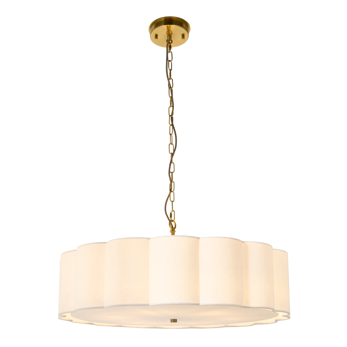 Serene brushed aged brass chandelier with wide scalloped cream shade suspended on a brass chain