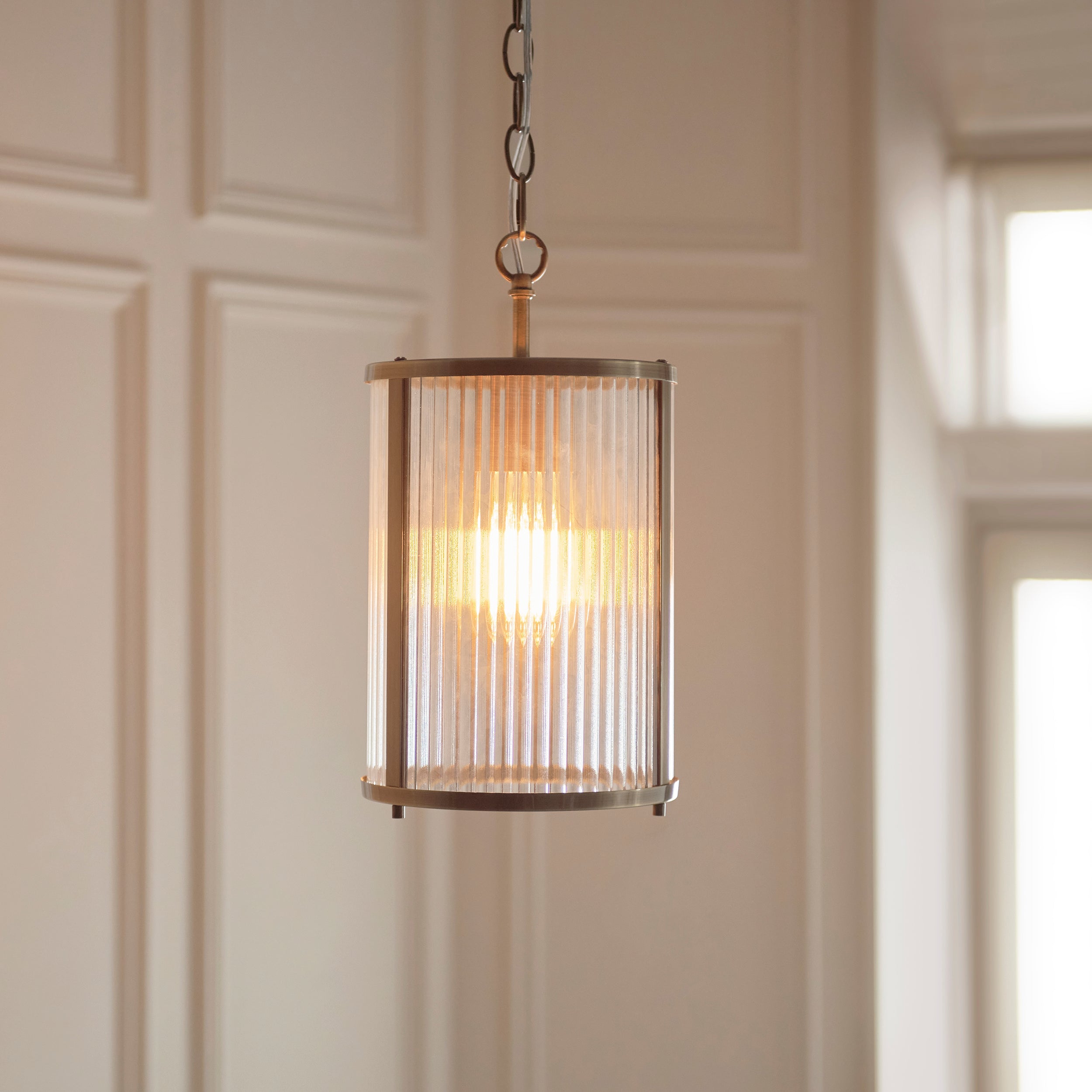 Ridgeton Antique Brass & Ribbed Shade Glass Pendant