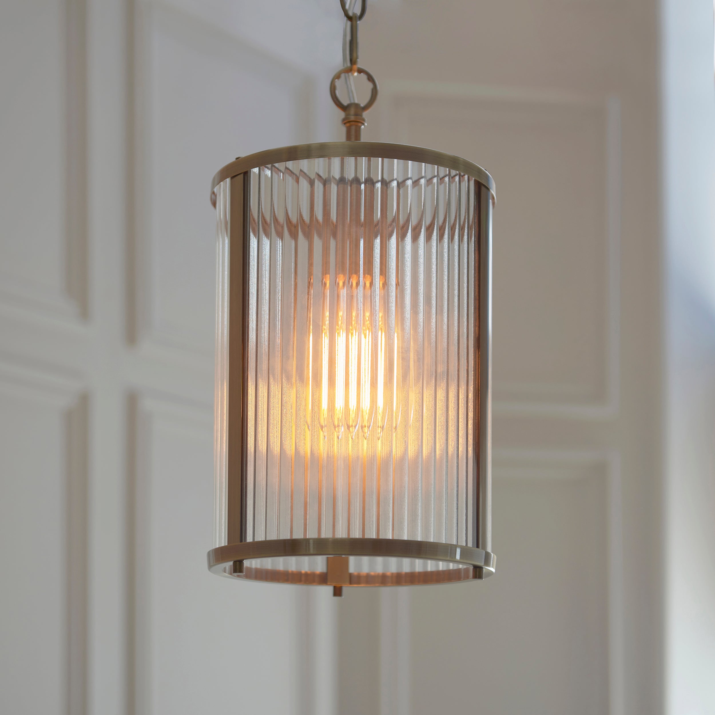 Ridgeton Antique Brass & Ribbed Shade Glass Pendant