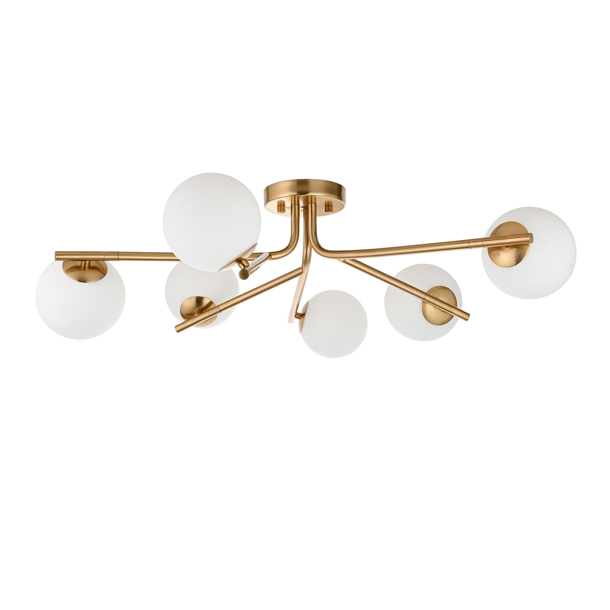 Aaron six-light semi flush fitting in brushed aged brass with white opal glass globes